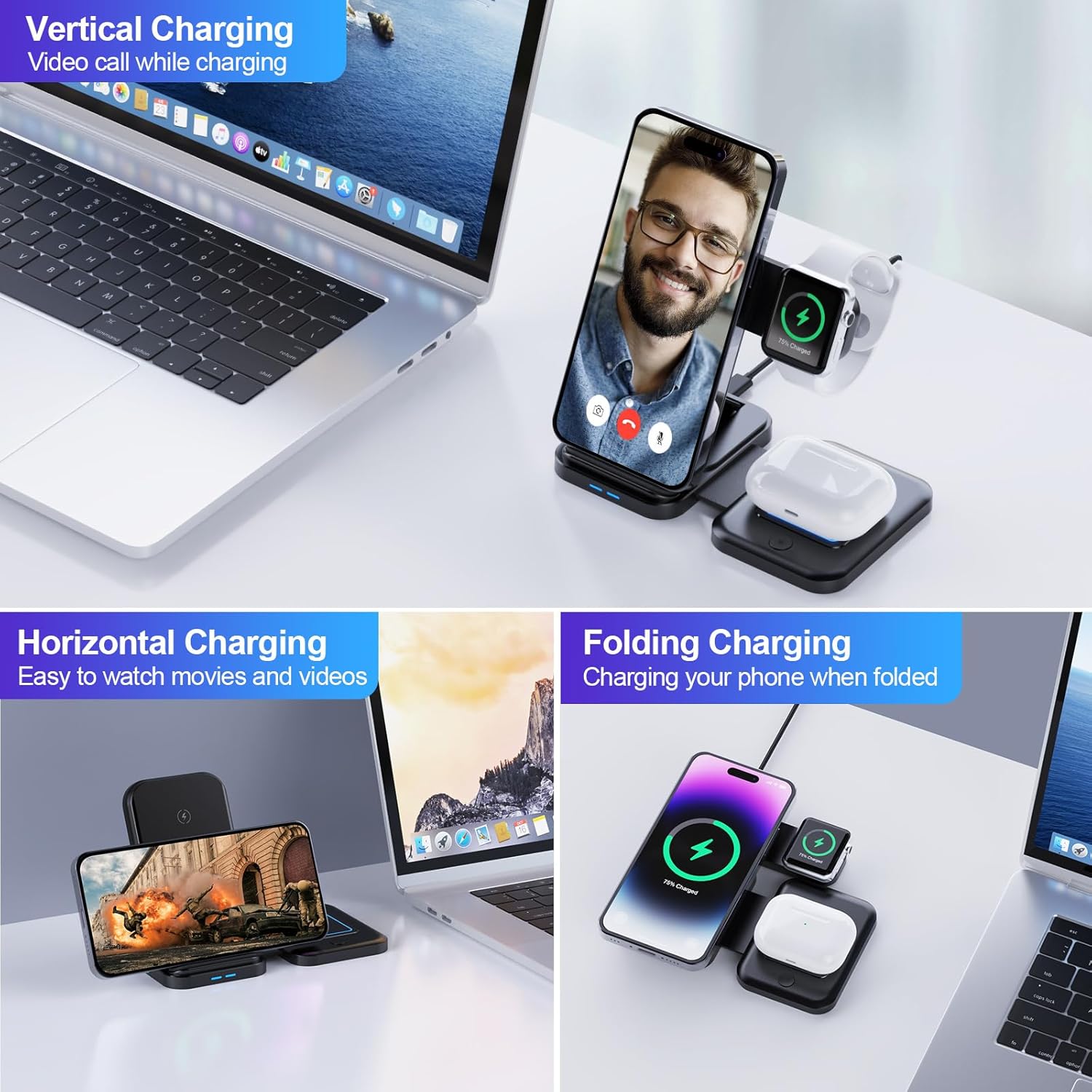 Cargadores inalámbricos para teléfono celular, estación de carga 3 en 1 para múltiples dispositivos para iPhone 15 14 13 12 11 Pro Max XR XS 8 Plus,