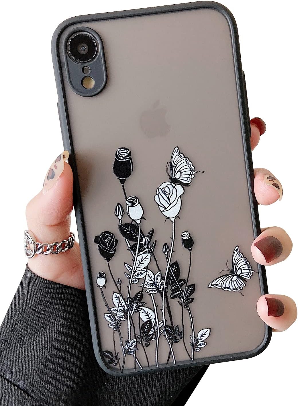 ZTOFERA Funda protectora compatible con iPhone XR, antiarañazos, transparente, negro, floral, rosa, a prueba de golpes, ligera, para iPhone XR, 6.1