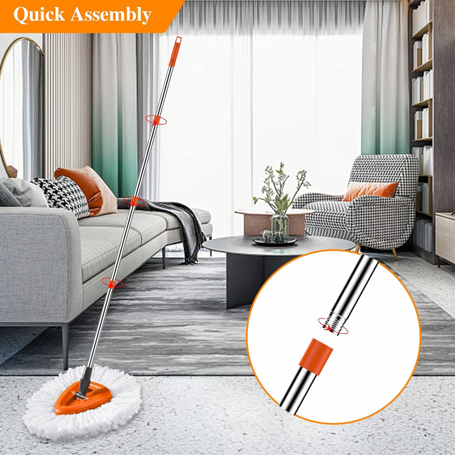 Repuesto de mango de poste de trapeador giratorio de 4 secciones para fregona giratoria Easywring, trapeador de tela de microfibra
