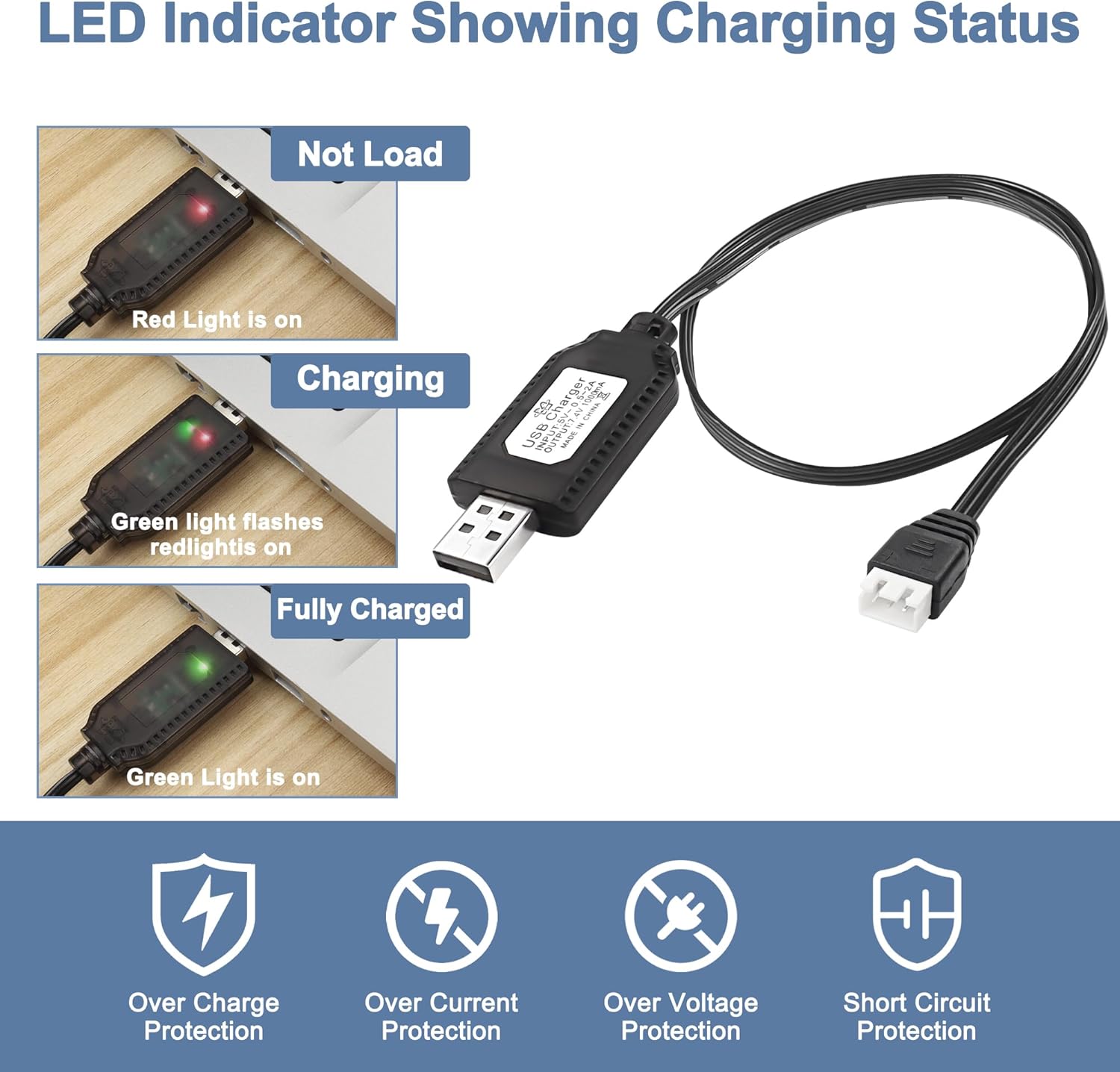 MEIRIYFA Cable cargador USB de batería Lipo de 7.4V 1A, cable XH-3P 2S, conector de cable de carga USB, enchufe y luz indicadora LED para RC Car