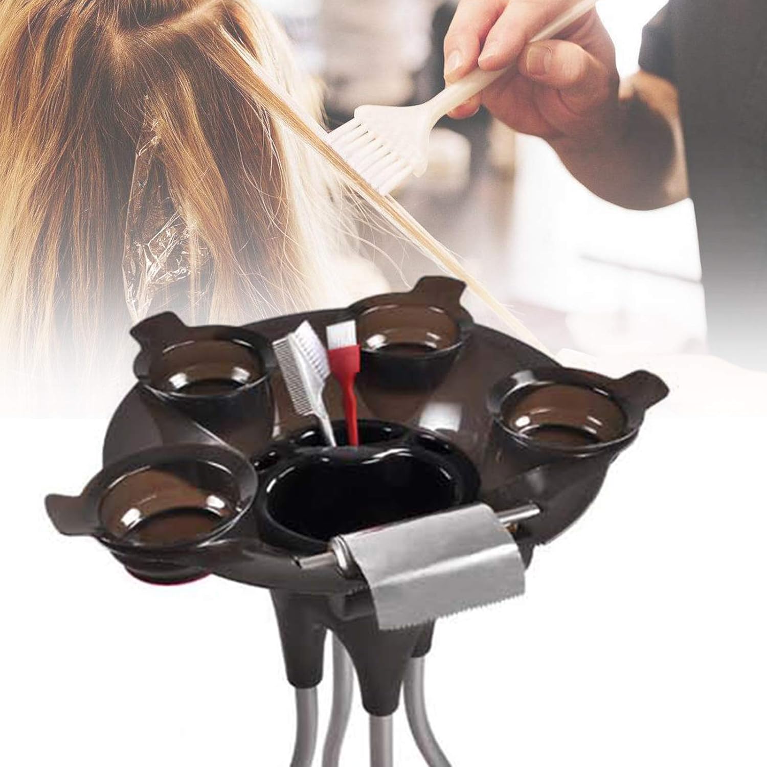 Bandeja de carrito de salón rodante, bandeja de salón portátil negra, carrito utilitario para mezclar colores de cabello, cepillos, clips y secador