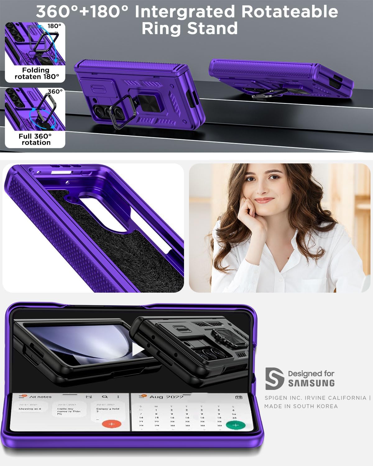 AICase Funda para Samsung Galaxy Z Fold 5 Protección Resistente Cubierta de lente de cámara Protección de bisagra Soporte magnético de anillo de 360