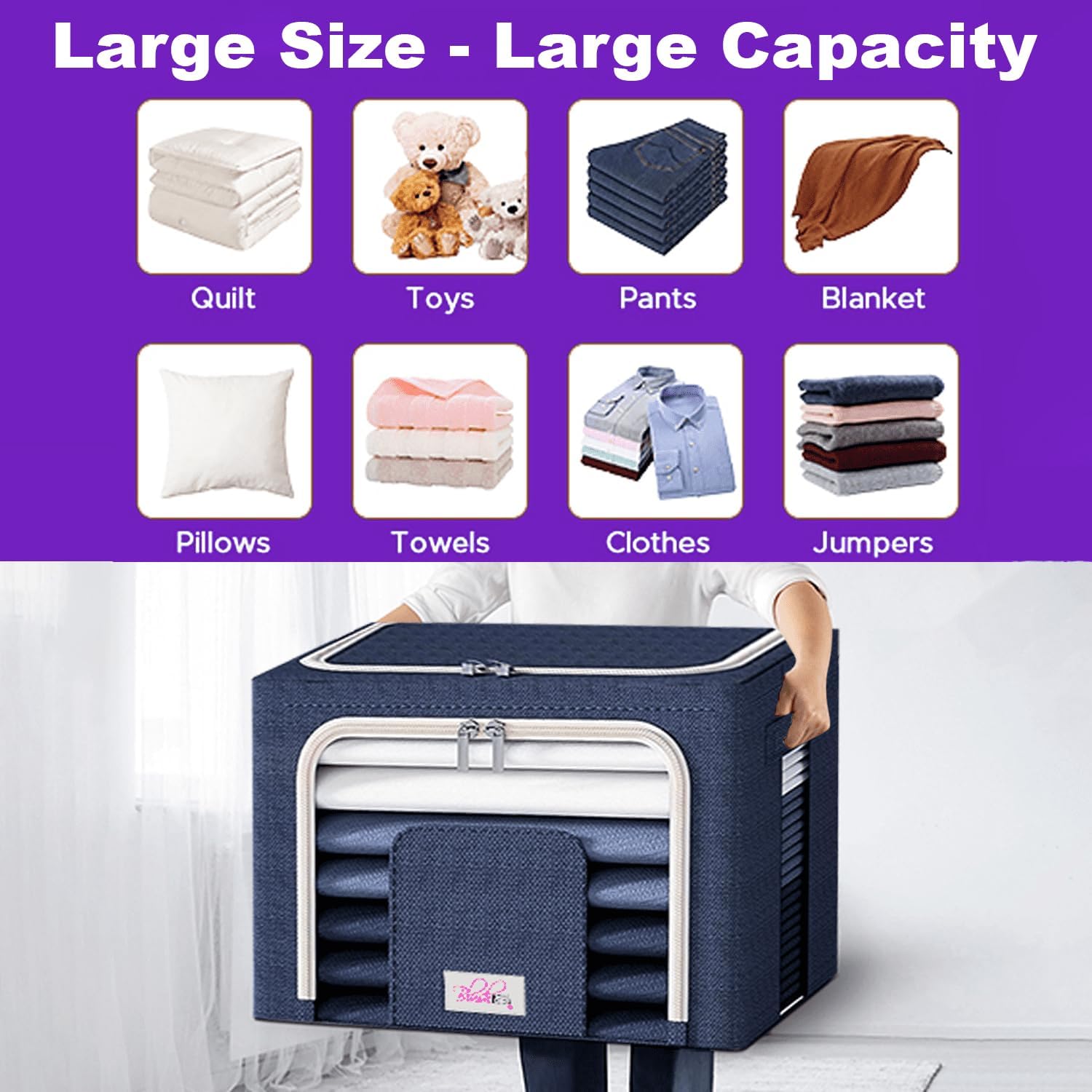 Blushbees Cajas de almacenamiento plegables de tela Oxford para ropa, colchas, lino con soportes de metal (paquete de 4 cajas, tamaño grande de 20 x