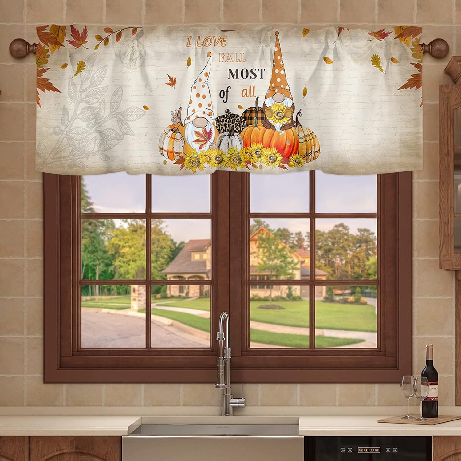Cenefa de cortina de cocina de gnomo de otoño, cenefa de cortina de calabaza de Acción de Gracias, bolsillo para barra, 1 panel de cenefas pequeñas