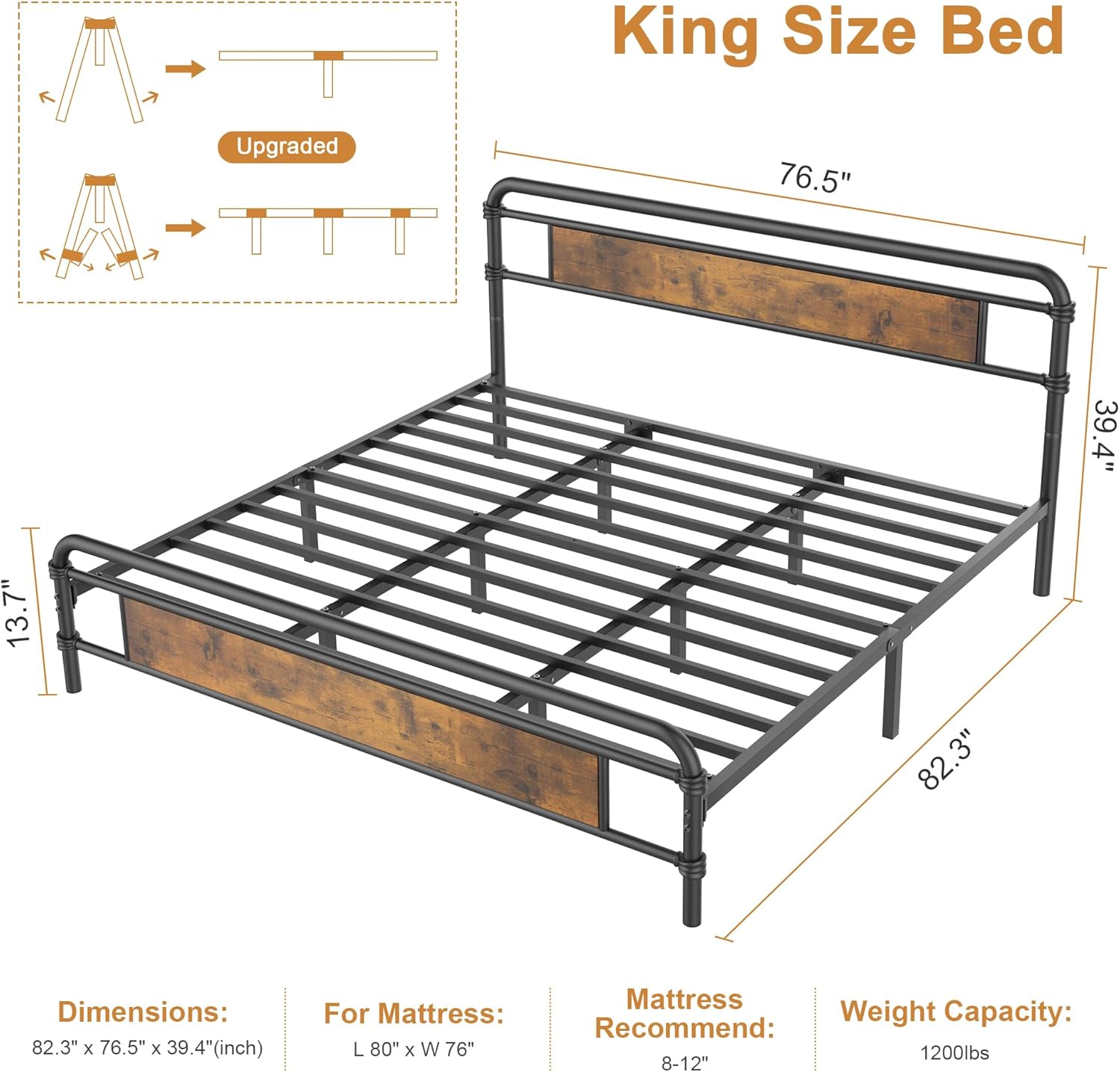 Base de cama King con cabecero, base de cama de plataforma pesada con base de metal fuerte, fácil montaje, no necesita somier, marrón vintage