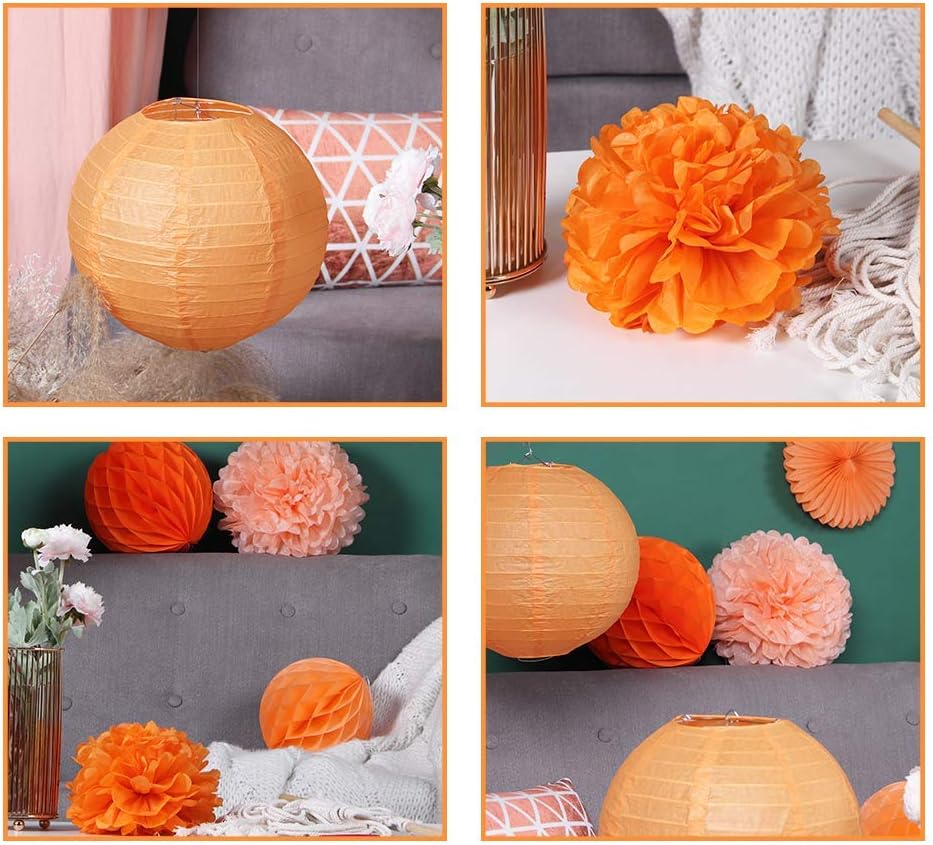 SUNBEAUTY Juego de 6 pompones naranjas para decoración de cumpleaños, abanicos de papel, decoración de fiesta naranja