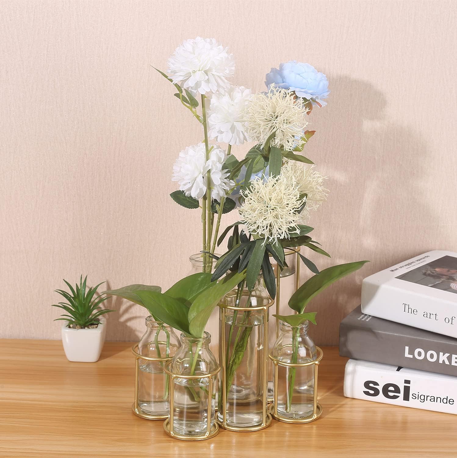 Radefasun Jarrones de flores con 6 botellas de cristal transparente con soporte de metal, estación de propagación de plantas, juego de soporte para