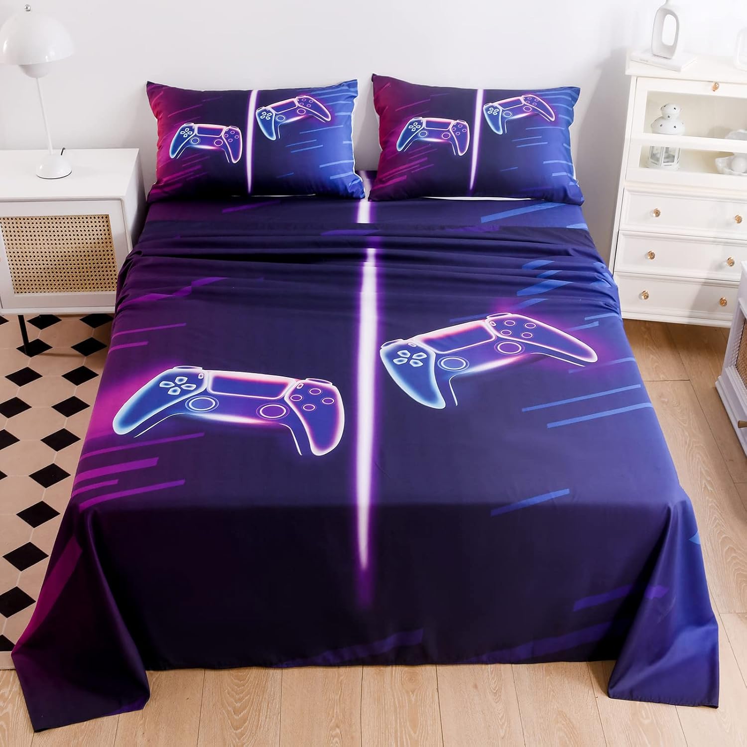 Juego de sábanas modernas de videojuegos, sábanas geniales para videojuegos, tamaño matrimonial, ropa de cama de 4 piezas, 1 sábana bajera, 1 sábana