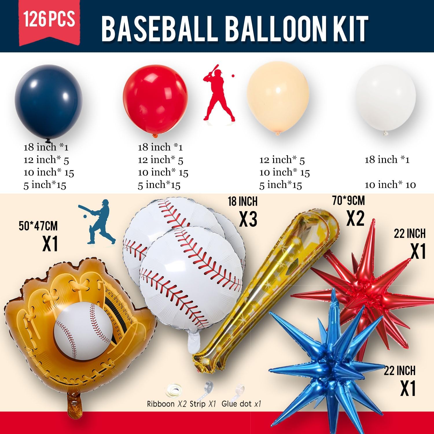 Kit de arco de guirnalda de globos con temática de béisbol, 126 unidades, azul marino, rojo, negro, blanco y almendra con globos de aluminio en