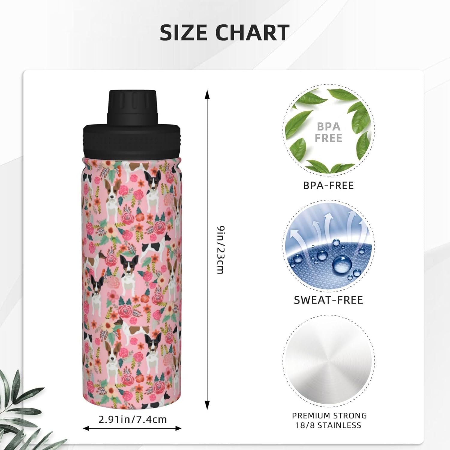 Botellas de agua deportivas aisladas al vacío de acero inoxidable de 18 onzas  Lindas ratas Terrier perro rosas flores tazas con tapa abatible,