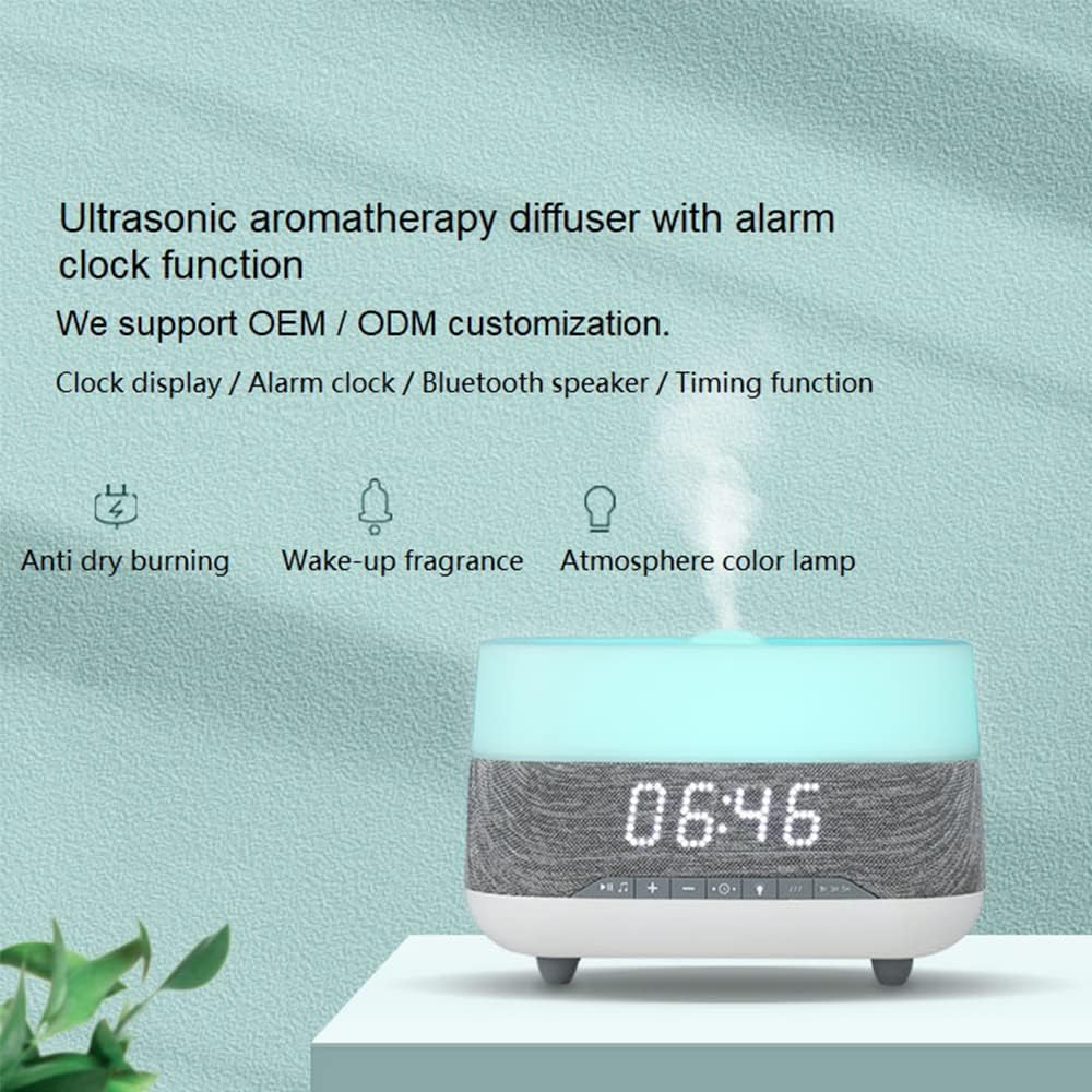 Difusor de aceite esencial y humidificador con reloj de altavoz, luces nocturnas de humor de 7 colores, aromaterapia eléctrica de niebla fría para