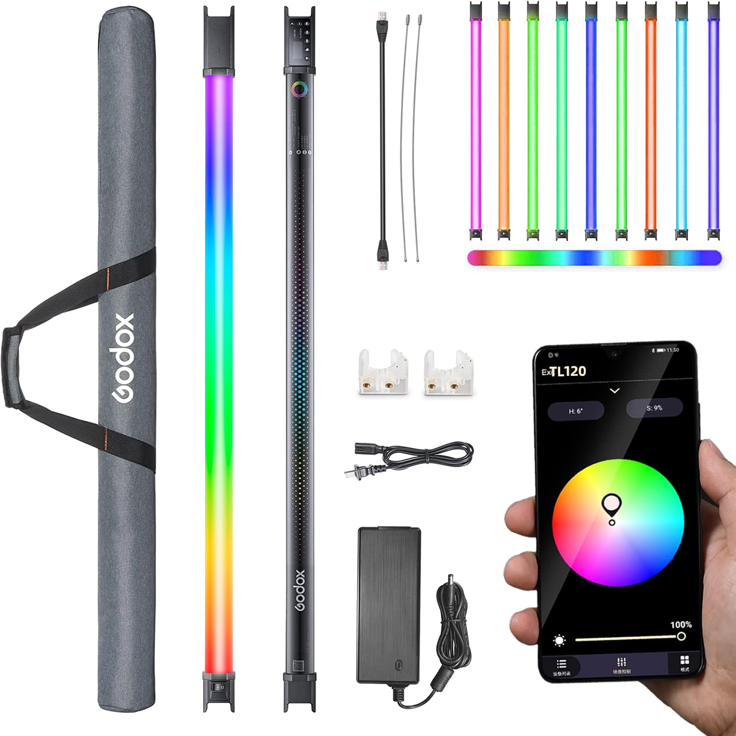 Godox TL120 RGB LED Video Light Stick Varita, Luz de tubo de mano, ajustable 2700K  6500K, batería de litio incorporada, CRI 96+ TLCI 98+, 360 a