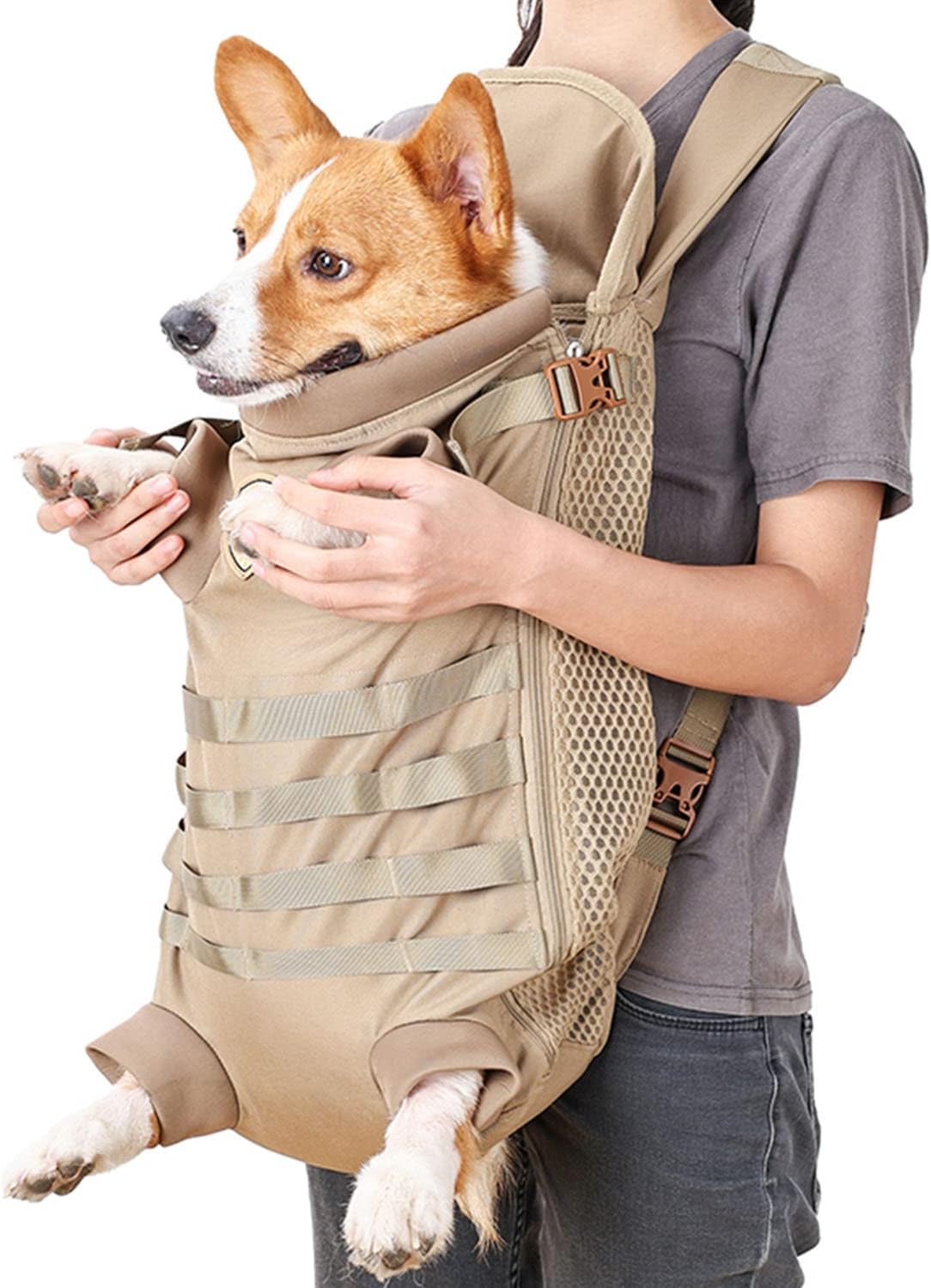 FLAdorepet Mochila táctica transportadora para perros medianos y grandes, patas suaves manos libres hacia afuera de mascotas, mochila de transporte