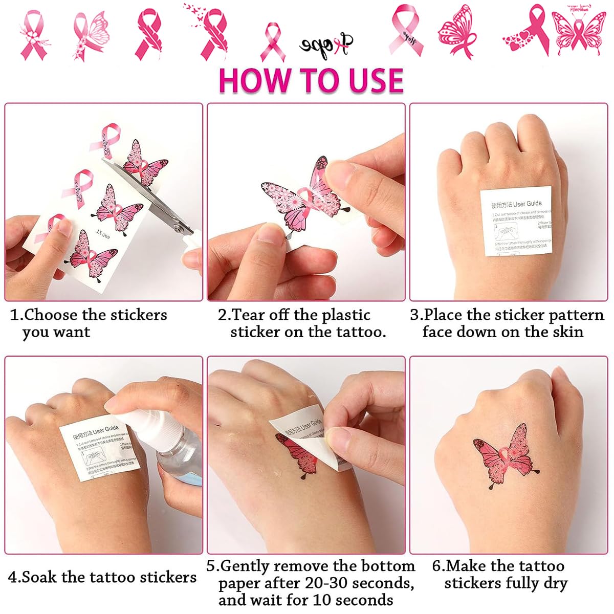 Tatuajes temporales de cáncer de mama para mujeres, 10 hojas de decoración de fiesta de cáncer de mama, cinta rosa, tatuajes falsos, regalos para