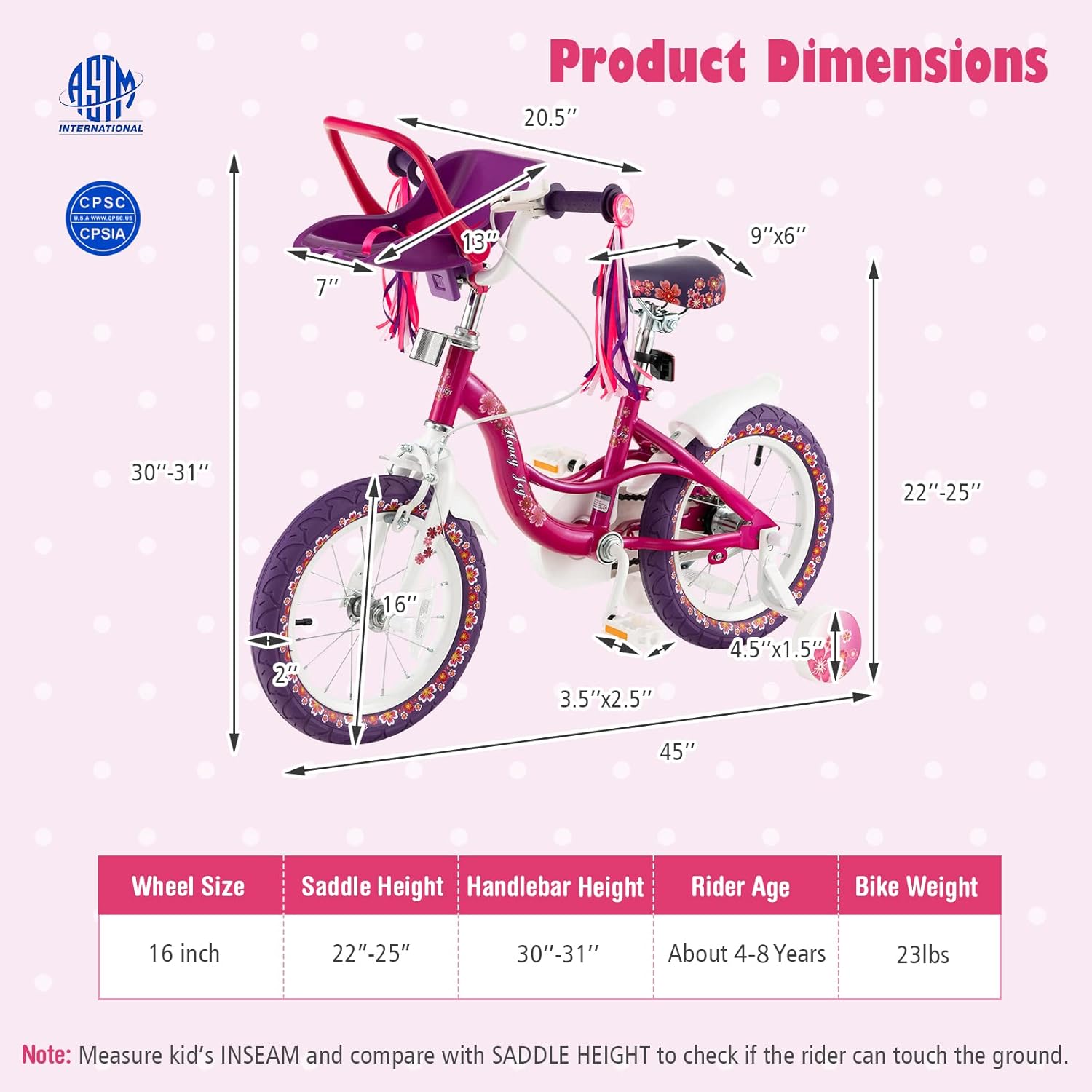 BABY JOY Bicicleta para niños, bicicleta de 14, 16 y 18 pulgadas, con ruedas de entrenamiento extraíbles, asiento ajustable, marco de acero y freno,