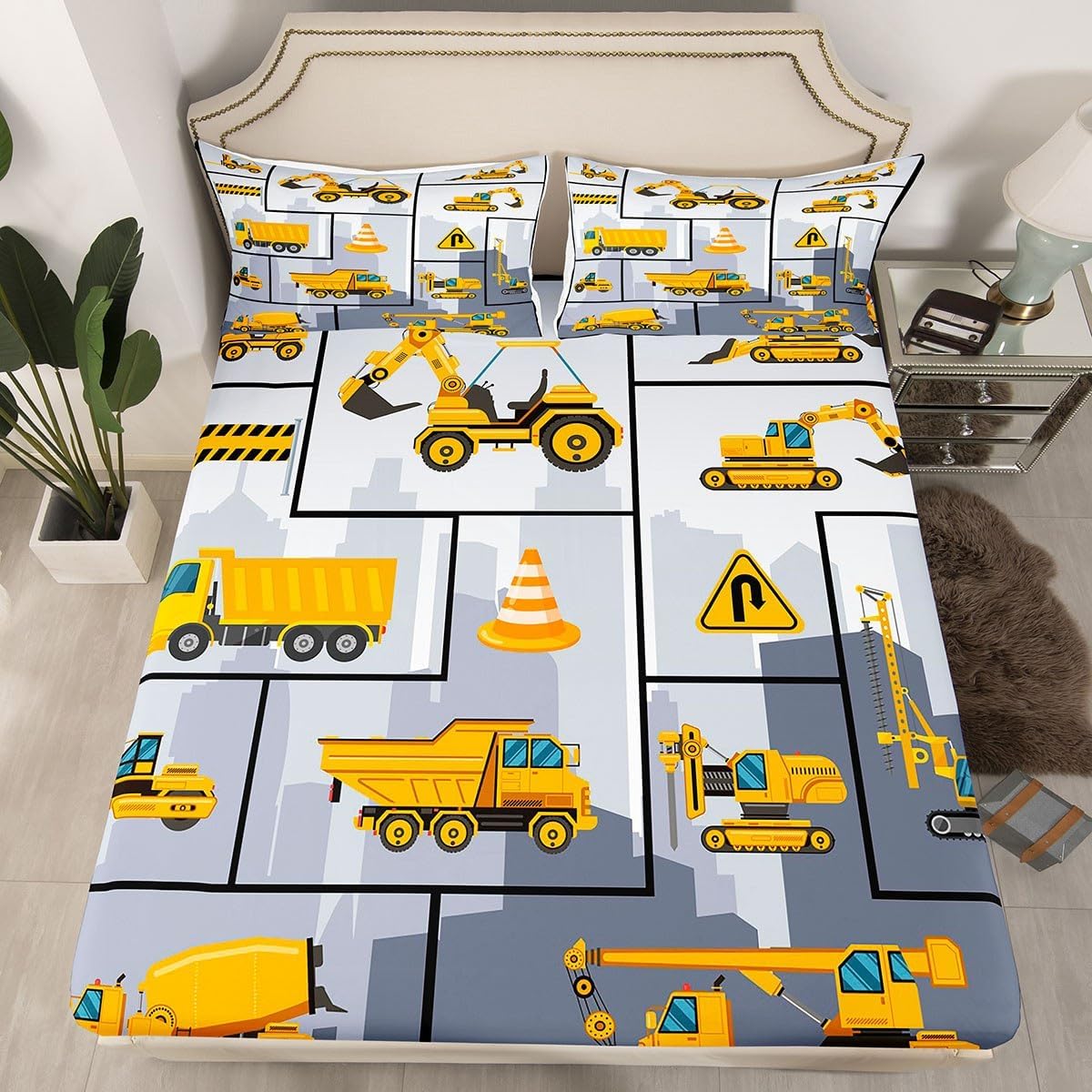 Juego de sábanas de automóvil de dibujos animados, juego de sábanas de construcción para niños, juego de ropa de cama de camiones para niños y