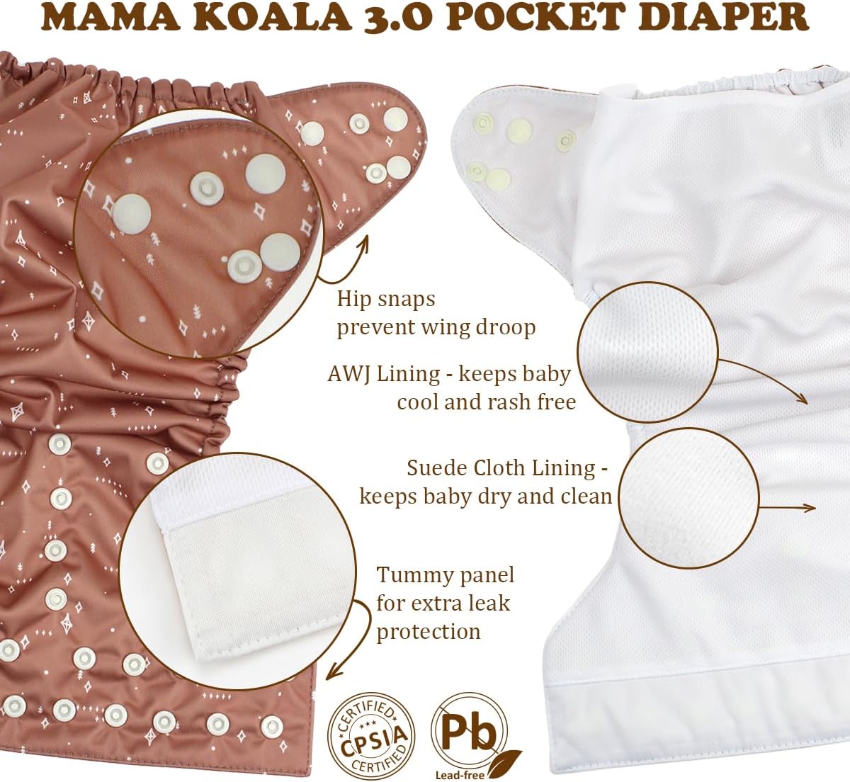 Mama Koala Pañales de tela 3.0 para bebés con forro AWJ, paquete de 6 con 12 insertos de pañales de tela de bambú de 5 capas (sin microfibra),