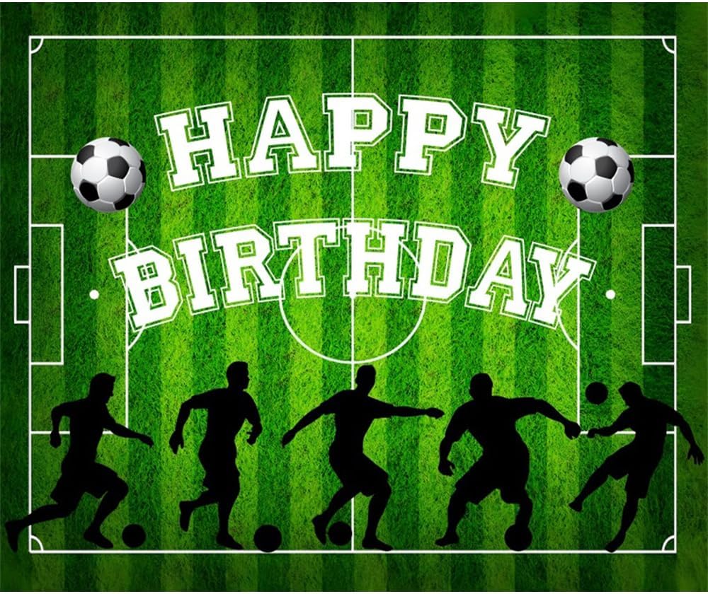 Telón de fondo de campo de fútbol de 5 x 3 pies, feliz cumpleaños, vegetación, fondo de fotografía, juego al aire libre, patrón de fútbol, fiesta