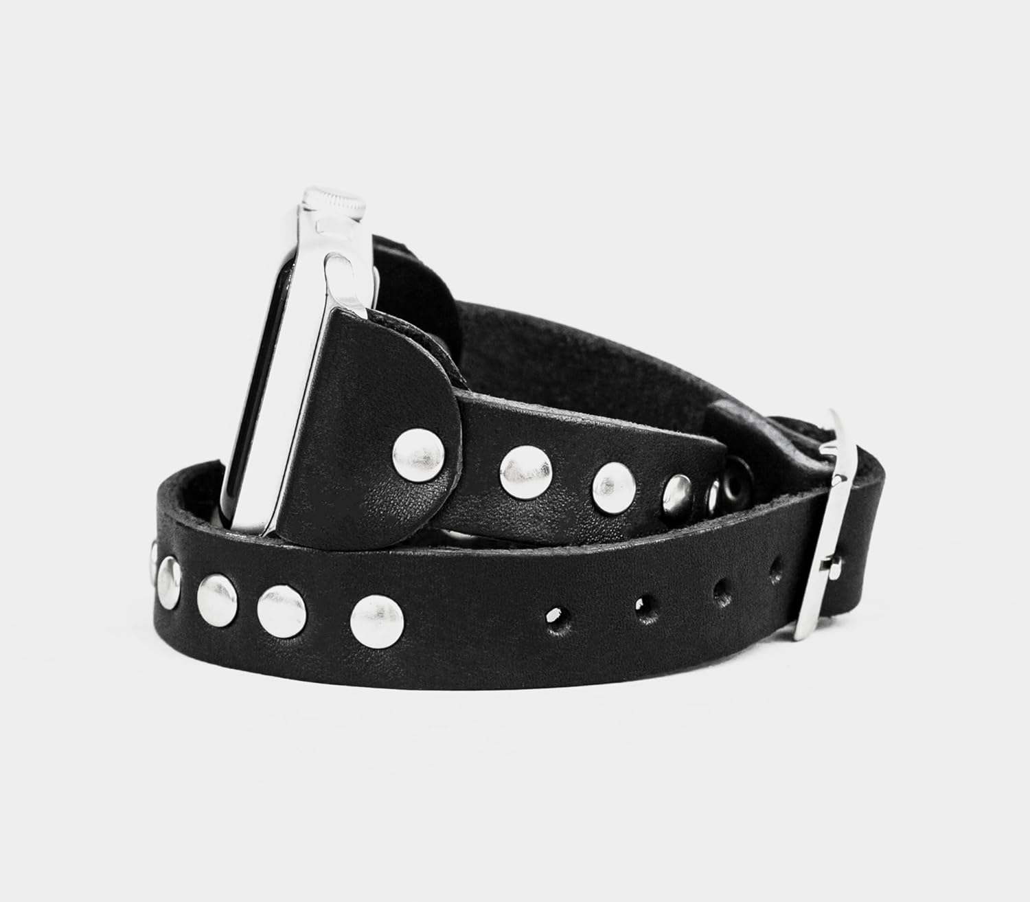stud Leather double wrap band strap compatible with Apple watch 38mm 40mm 41mm 42mm 44mm 45mm 49mm, Handmade UA 1820 (black + steel + 7.3-8.3 in +
