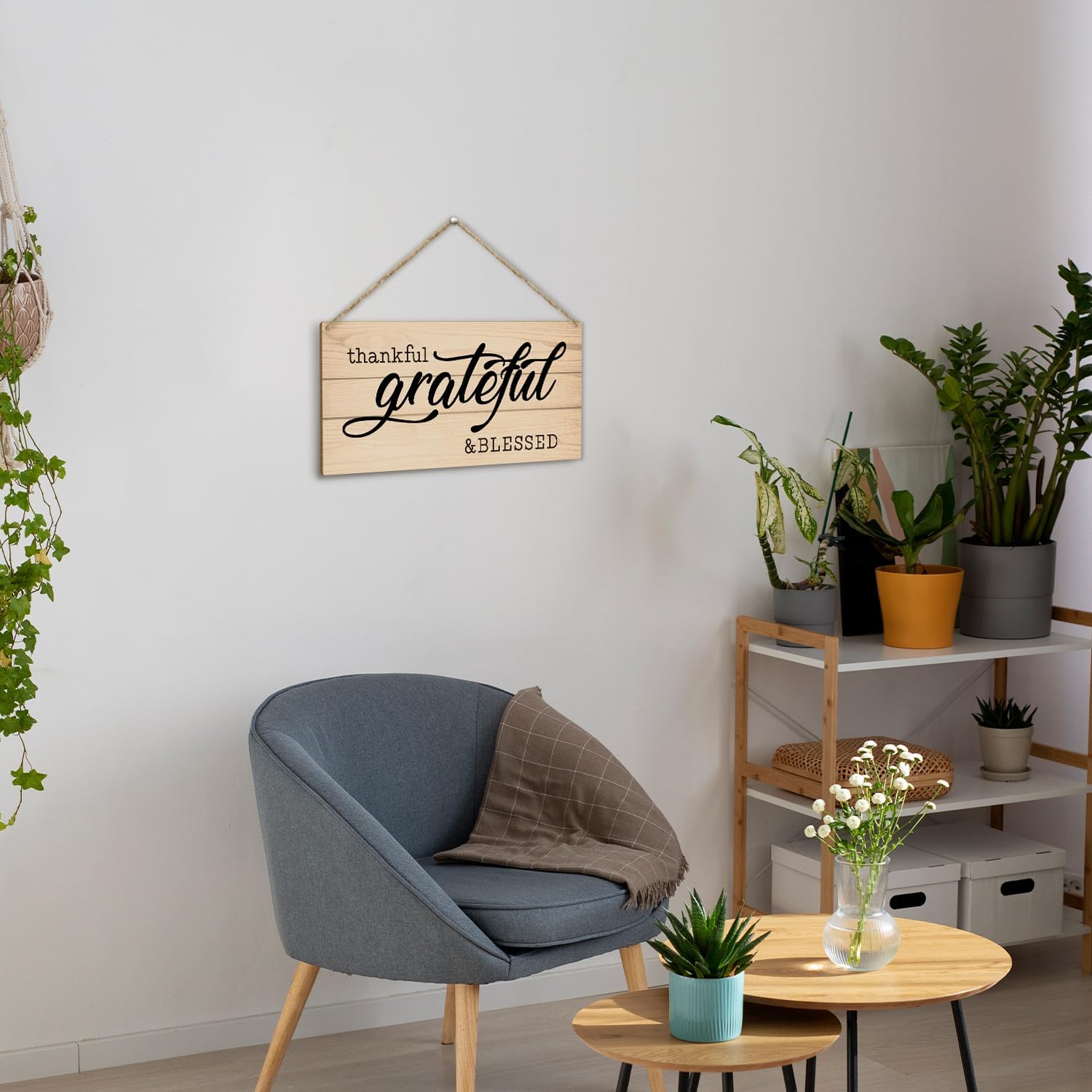 Letrero colgante de madera con texto en inglés Thankful Grateful Blessed para decoración de pared de puerta delantera, placa de madera para casa de