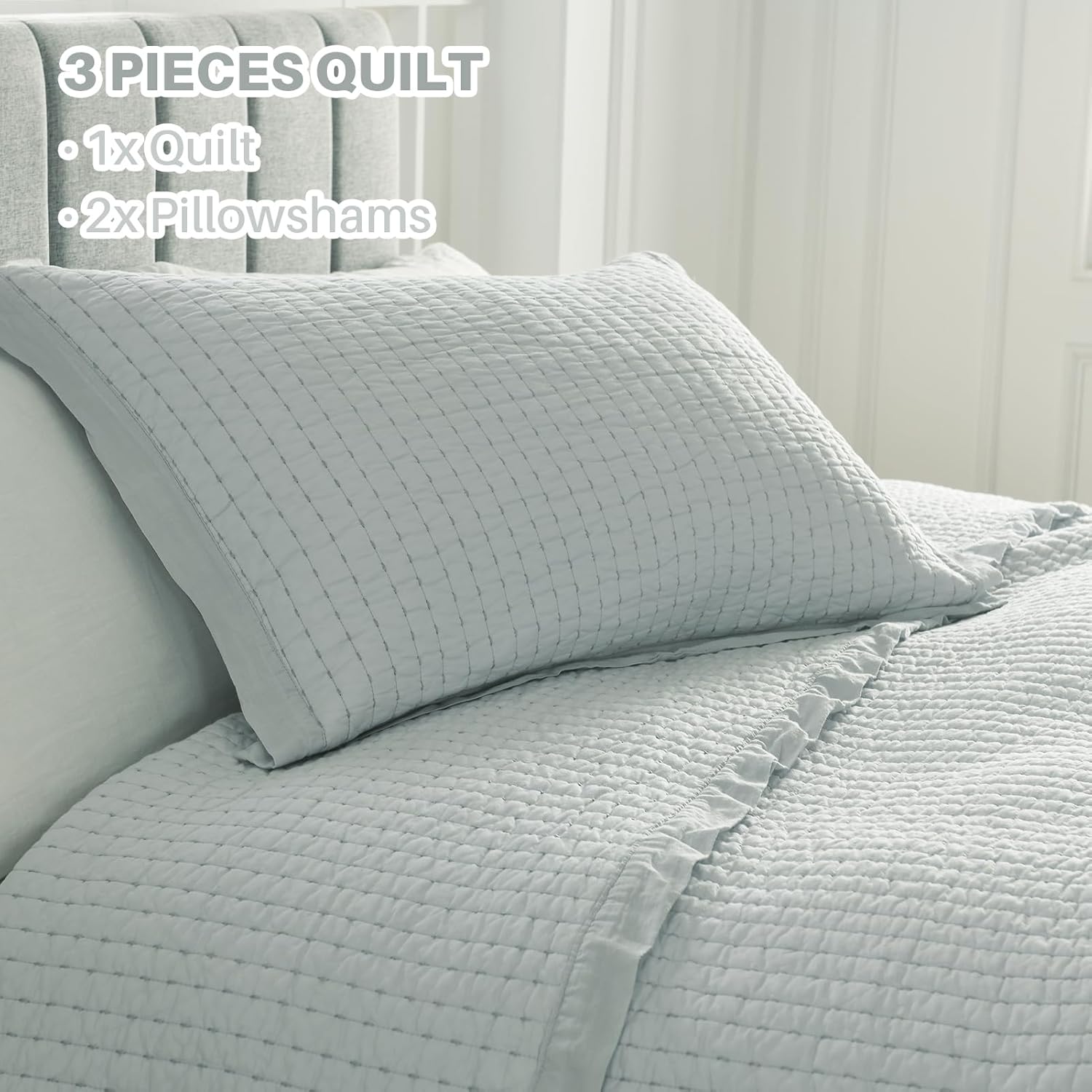 PANGUSHAN Juego de edredón tamaño King, 100% algodón, colcha hecha a mano, color liso, elegante, ligero, acolchado para cama King, gris suave, para