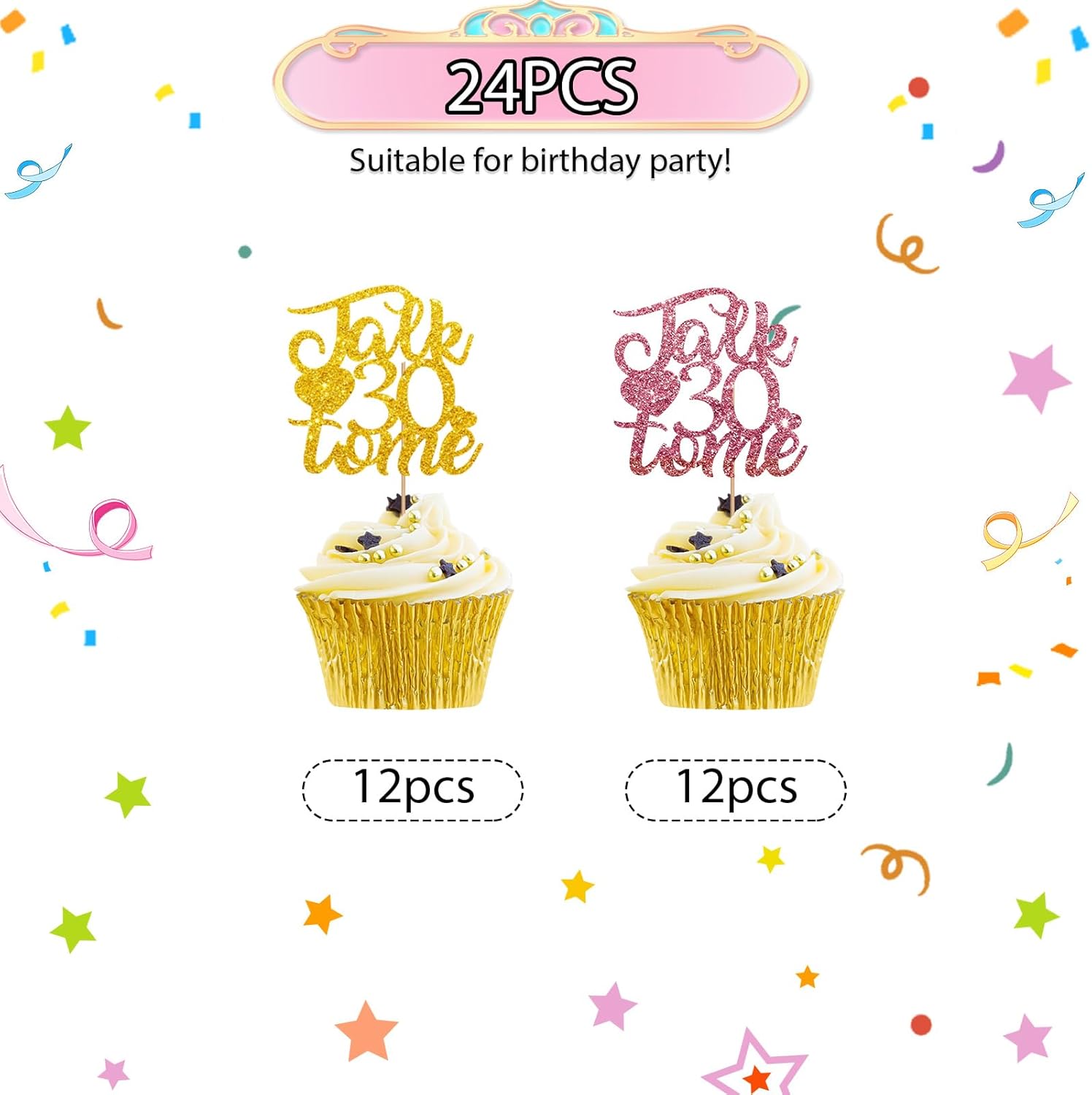 24 adornos para cupcakes de Talk 30 To Me para cumpleaños de 30 años, decoración de cupcakes de feliz cumpleaños de 30 años, decoración de pastel de
