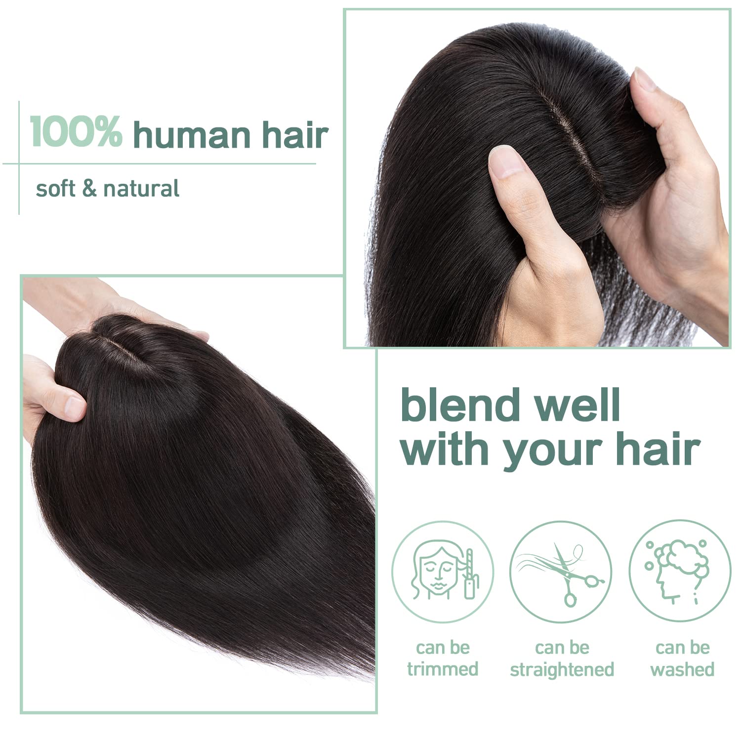 S-noilite Toppers para el cabello humano real para mujer, sin flequillo, 3.9 x 4.7 in, base de seda, extensiones de pelo con clip para cabello fino,