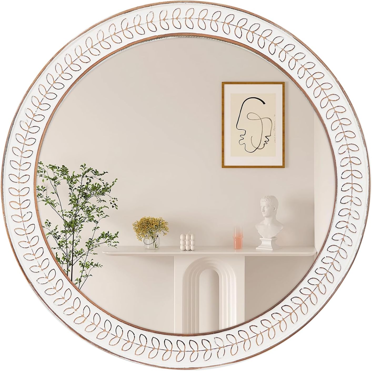 Espejos redondos de 26 pulgadas para pared, espejo circular de madera con marco tallado, espejos decorativos rústicos desgastados para sala de