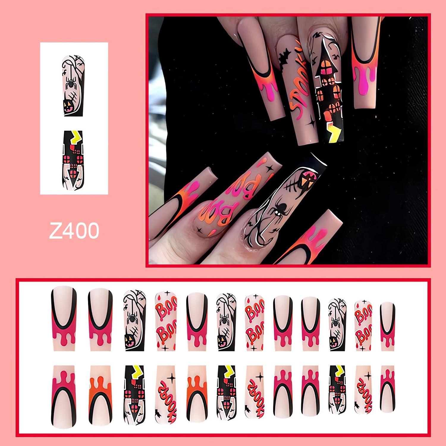 Uñas postizas largas de Halloween, uñas cuadradas a presión, con punta francesa de sangre, uñas con pegamento, uñas de araña largas cuadradas de
