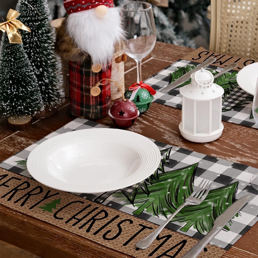 ARKENY AP467-18 – Juego de 4 manteles individuales de Feliz Navidad de 12 x 18 pulgadas, diseño de copo de nieve de árbol de invierno, arpillera de