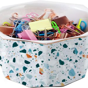 Soporte de clip de papel con ribete dorado geométrico de cerámica para escritorio, bonito organizador de clips de papel de mármol de terrazo, Soporte de clip de papel con ribete dorado geométrico de cerámica para escritorio, bonito organizador de clips de papel de mármol de terrazo,