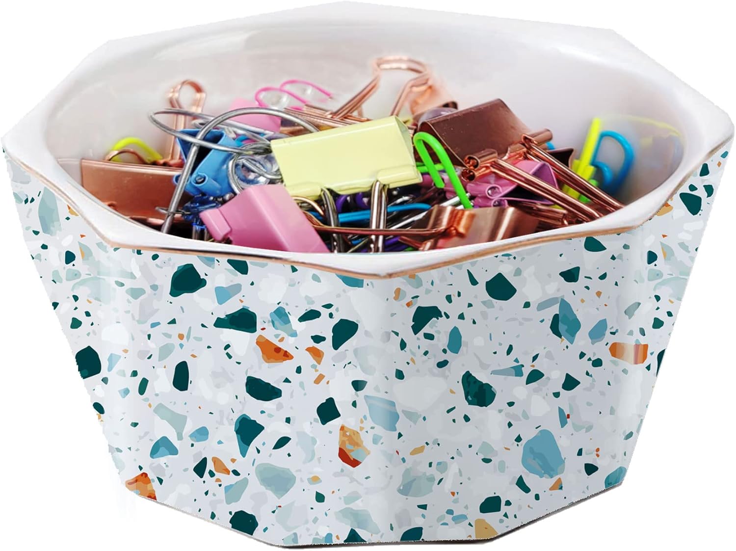 Soporte de clip de papel con ribete dorado geométrico de cerámica para escritorio, bonito organizador de clips de papel de mármol de terrazo,