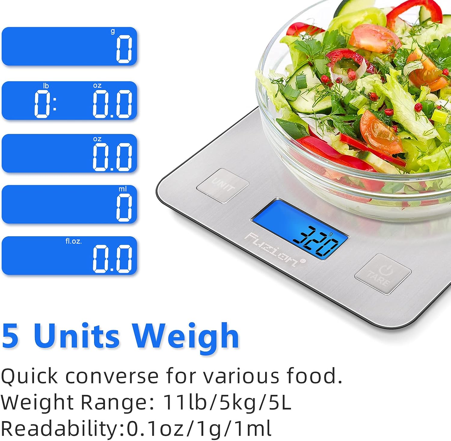 Fuzion Báscula digital de cocina, 5000 g11 lb x 0.1 oz, báscula digital de peso gramos y onzas para pérdida de peso, cocinar y hornear, 5 unidades