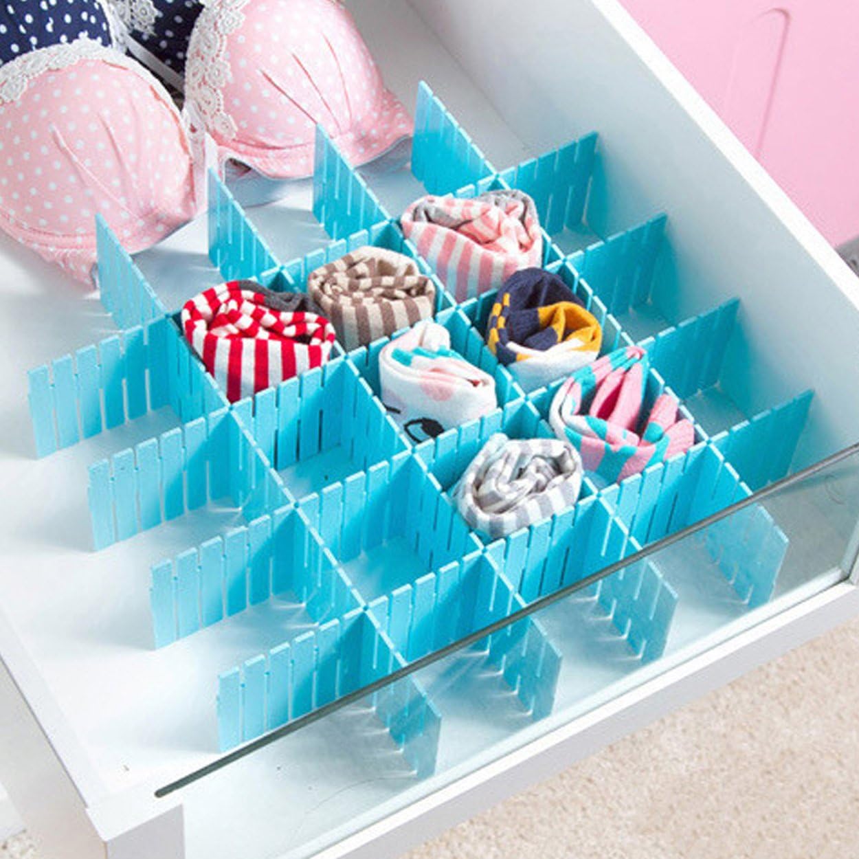 Organizador de cajones, 32 separadores de rejilla de plástico, ajustables, para bricolaje, caja de almacenamiento, insertos ordenados para ropa