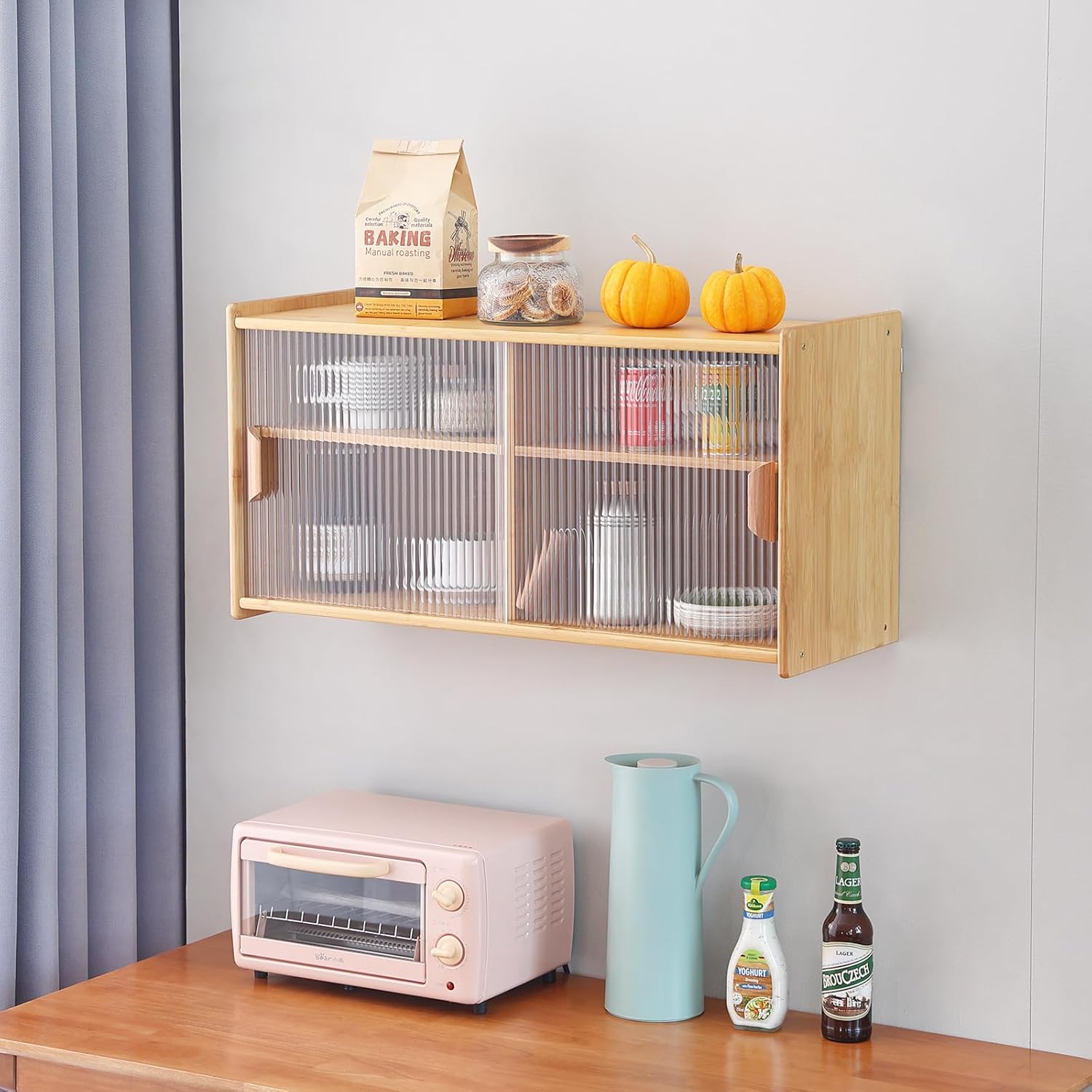Tiita Armario pequeño de despensa de cocina, aparador de pared de bambú con puertas de vidrio, armario de despensa de alimentos para cocina, sala de