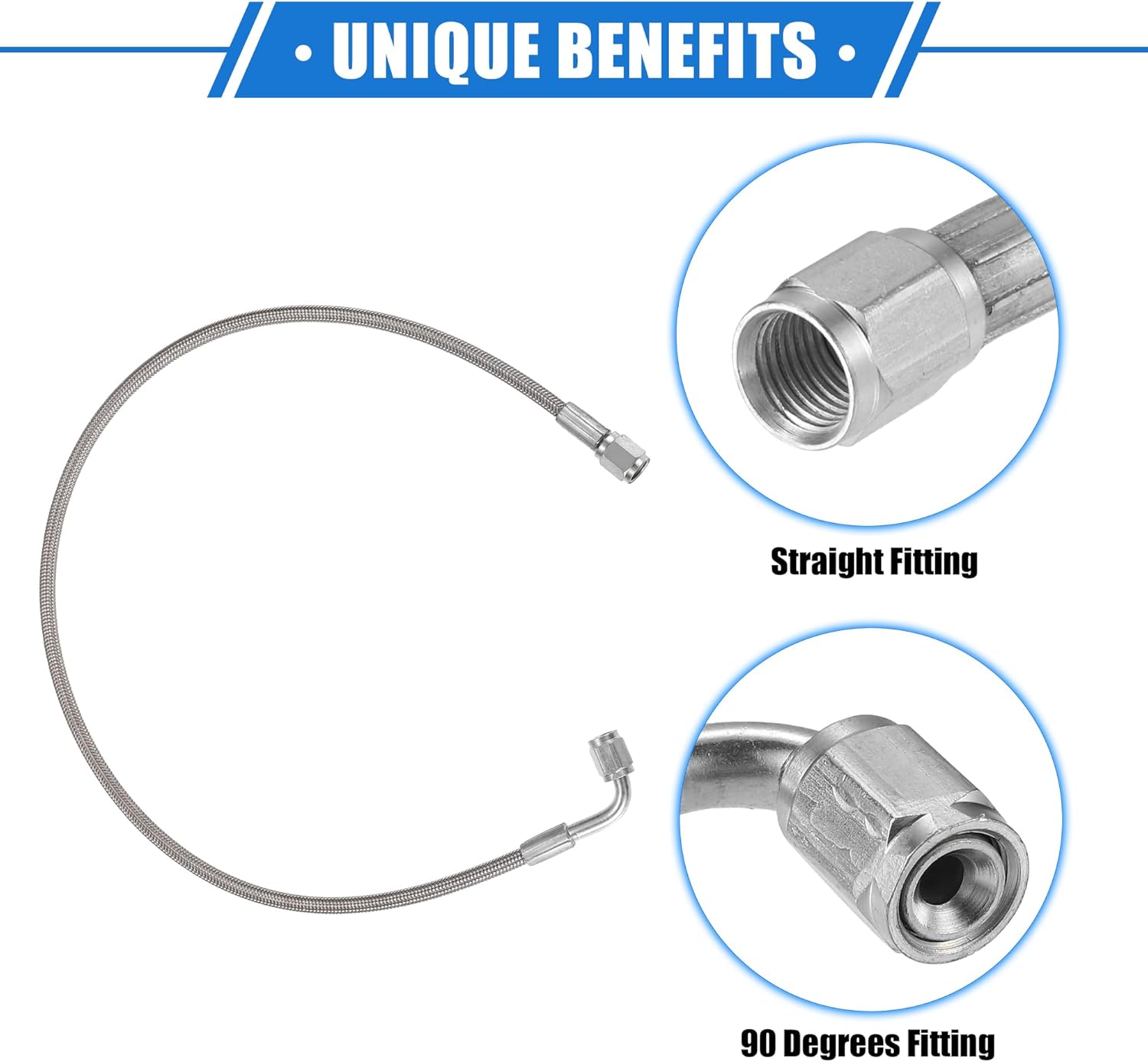 AN3 – Línea de alimentación de aceite turbo de acero trenzado de 90 grados a extremo de manguera recto, turbocompresor remoto de 24 pulgadas, línea