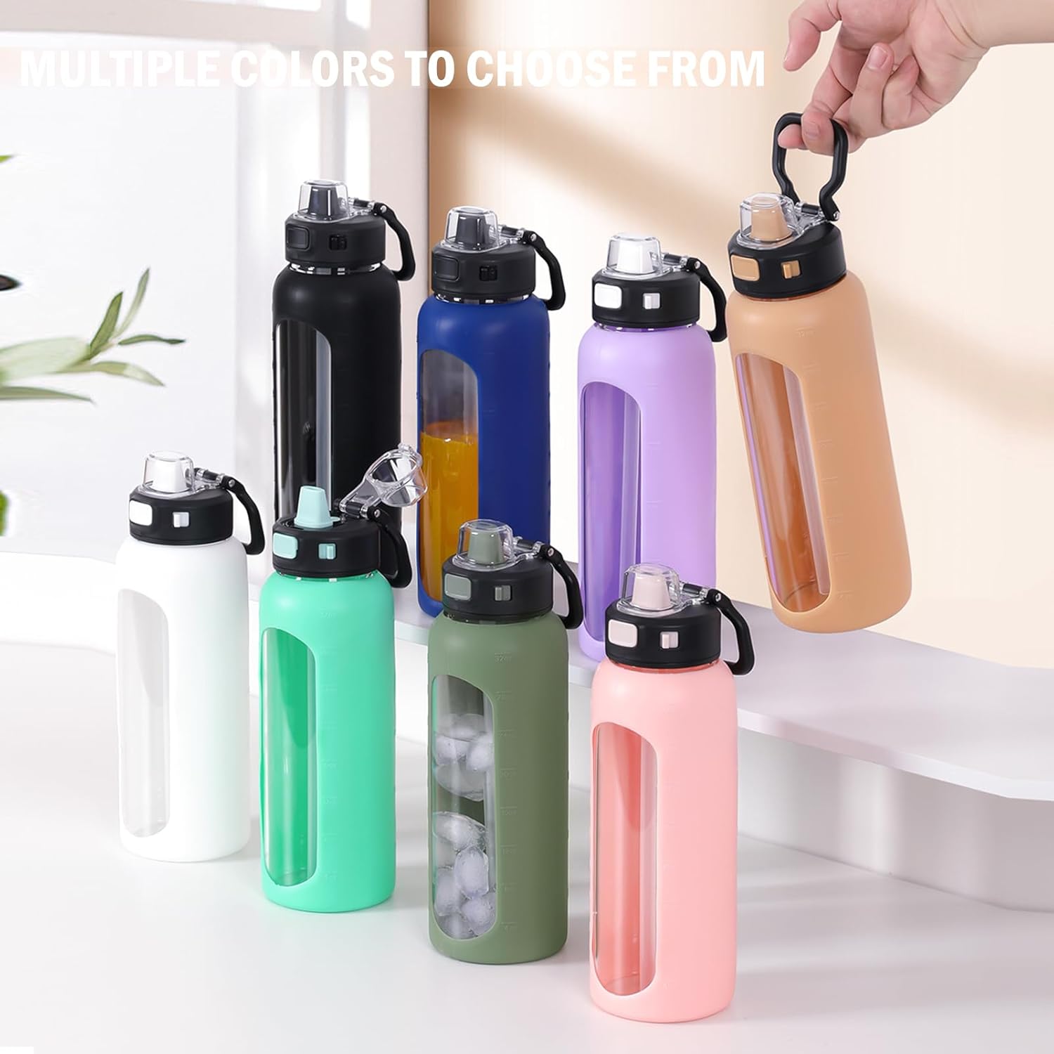 BLUEGO Botella de agua de vidrio de 32 onzas con pajilla, botellas de agua motivacionales con marcador de tiempo y funda de silicona, botella de