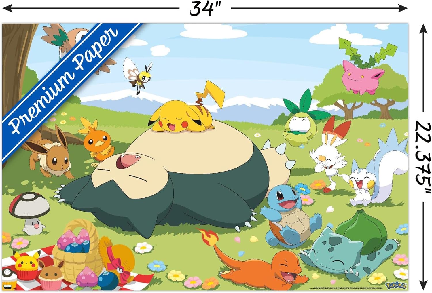 Trends International Pokémon – Póster de pared de picnic grupal, 22.375 x 34 pulgadas, paquete de póster y montaje prémium