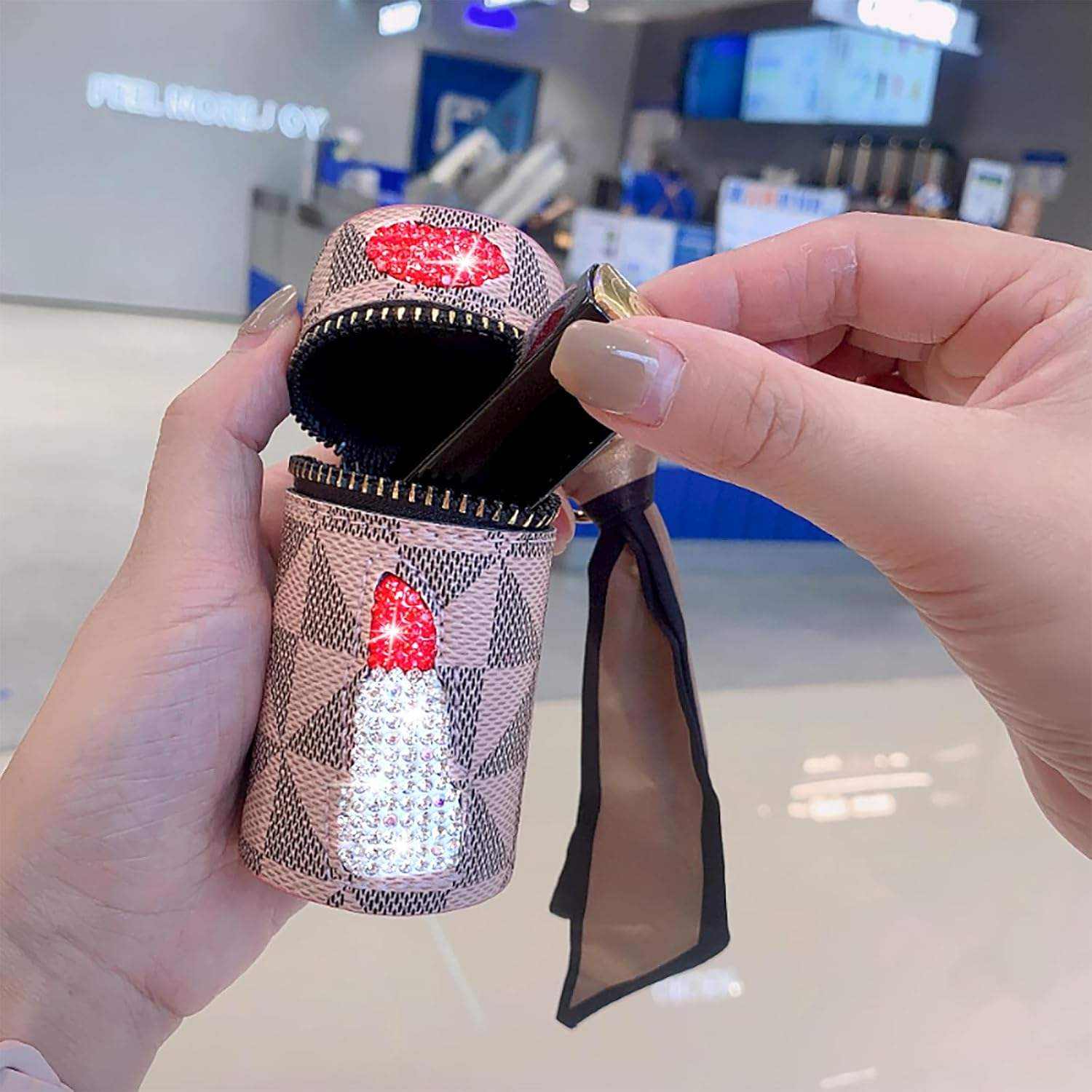 Organizador de lápiz labial, 2 unidades, bolsa de cuero de lujo para brillo de labios, mini estuche para lápiz labial con llavero, soporte de