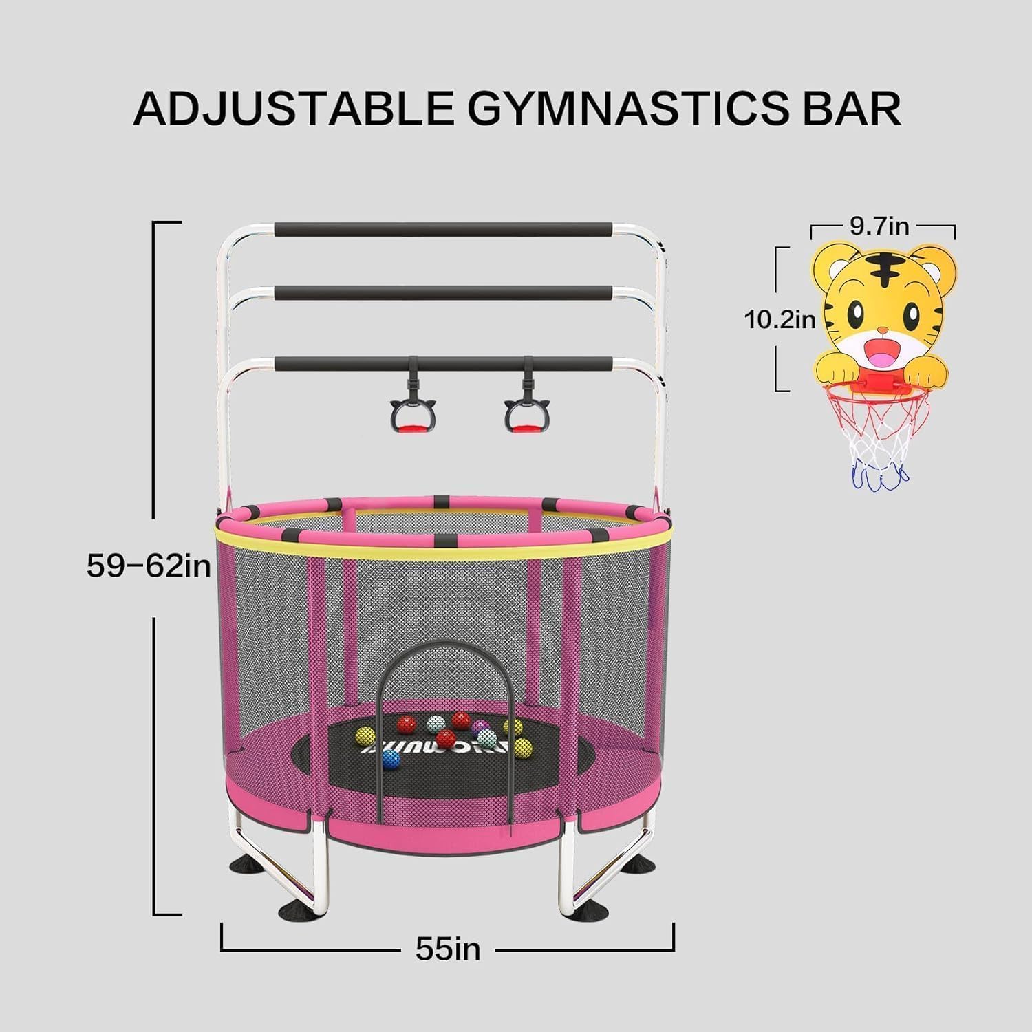 Trampolín para niños, cama elástica ajustable para bebés con aro de baloncesto, 440 libras para interiores y exteriores, trampolín para niños