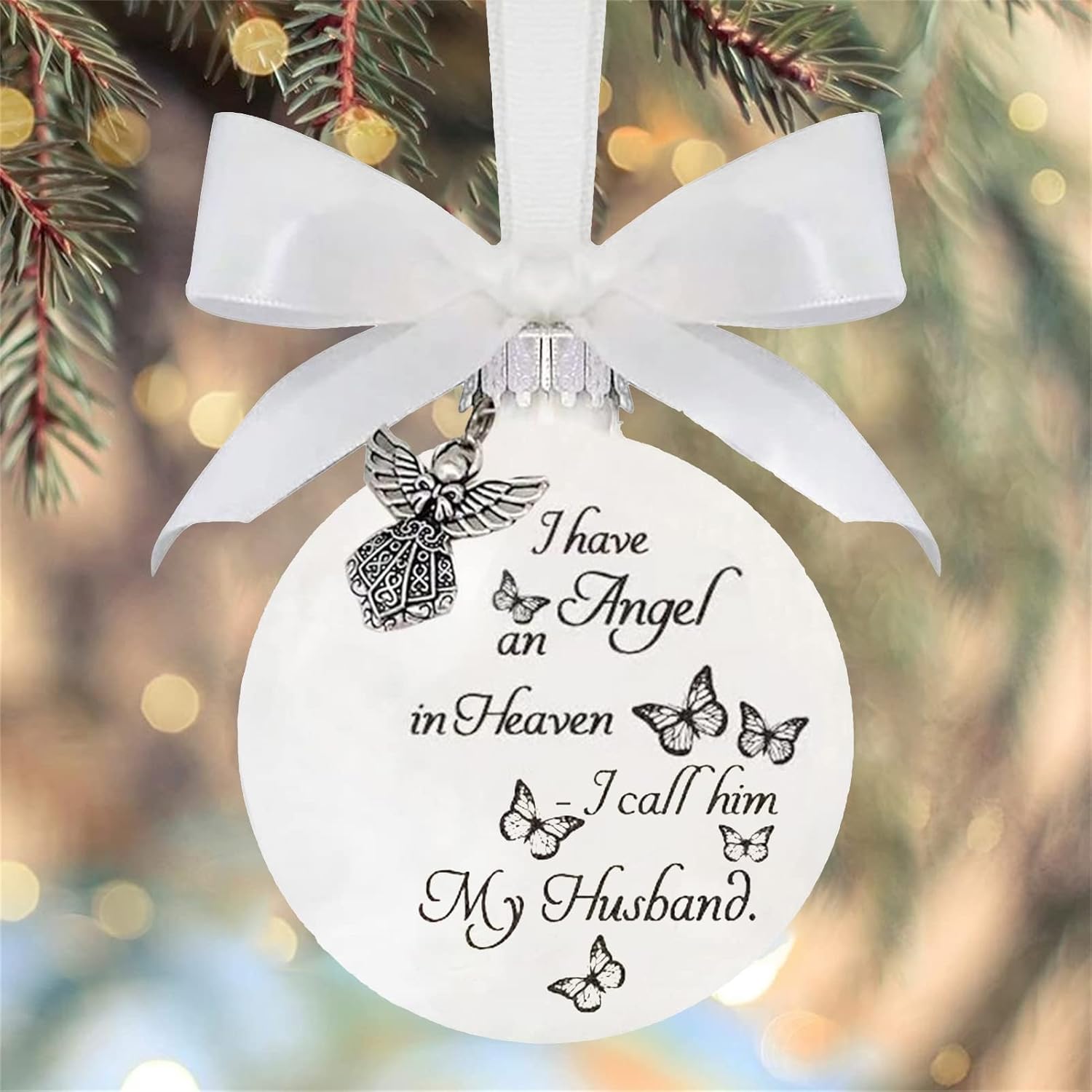 Adornos conmemorativos de Navidad, bola de plumas “Tengo un ángel en el cielo” con colgante de ángel pequeño, adorno de bola de Navidad, para mamá,