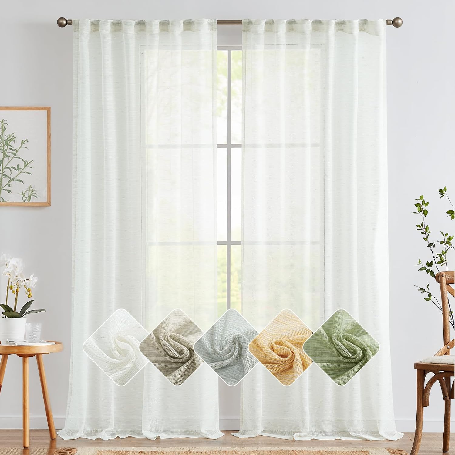 jinchan Cortinas traslúcidas de lino para sala de estar, 84 pulgadas de largo, cortinas de gasa rústica, filtrantes de luz, bolsillo para barra,