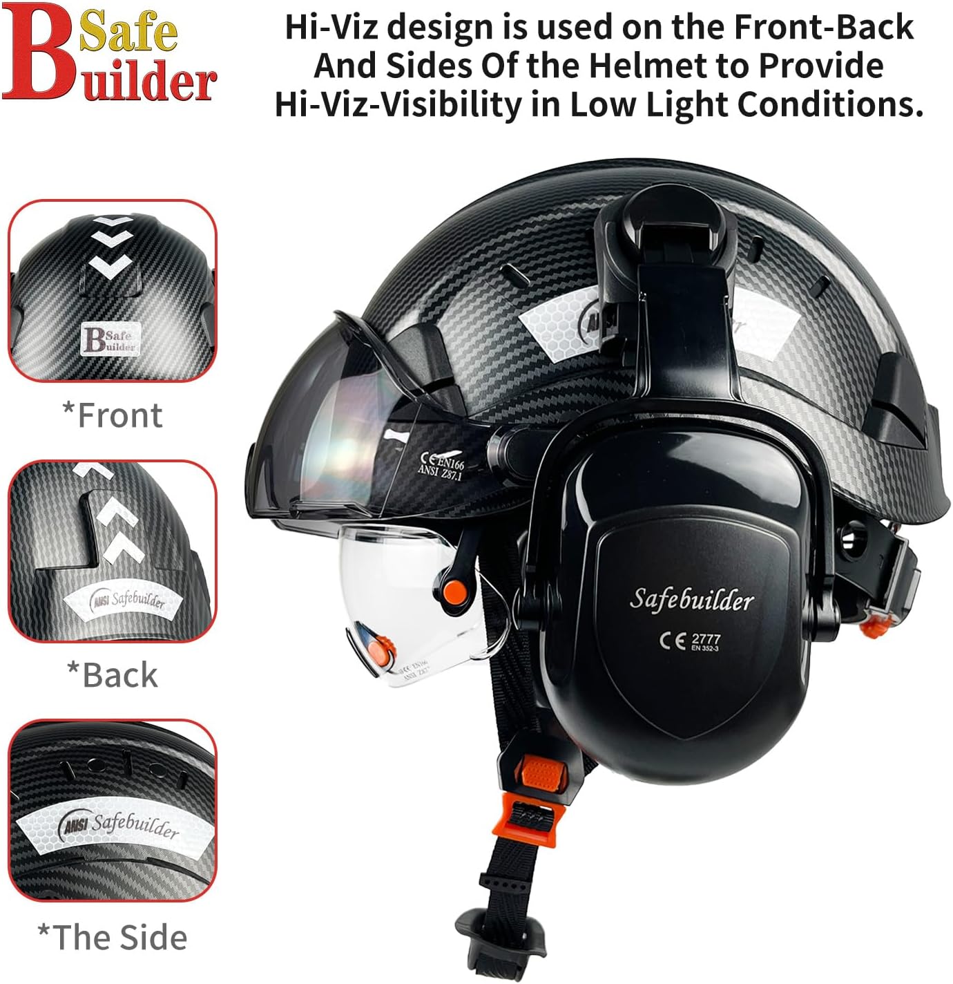 SAFEBUILDER Casco de seguridad con gafas, orejeras de fibra de carbono, para construcción industrial, protección para la cabeza, aprobación ANSI