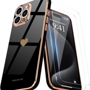 Teageo Funda para iPhone 15 Pro con protector de pantalla 2 unidades para niñas y mujeres, diseño de corazón de amor femenino de lujo, funda suave Teageo Funda para iPhone 15 Pro con protector de pantalla 2 unidades para niñas y mujeres, diseño de corazón de amor femenino de lujo, funda suave