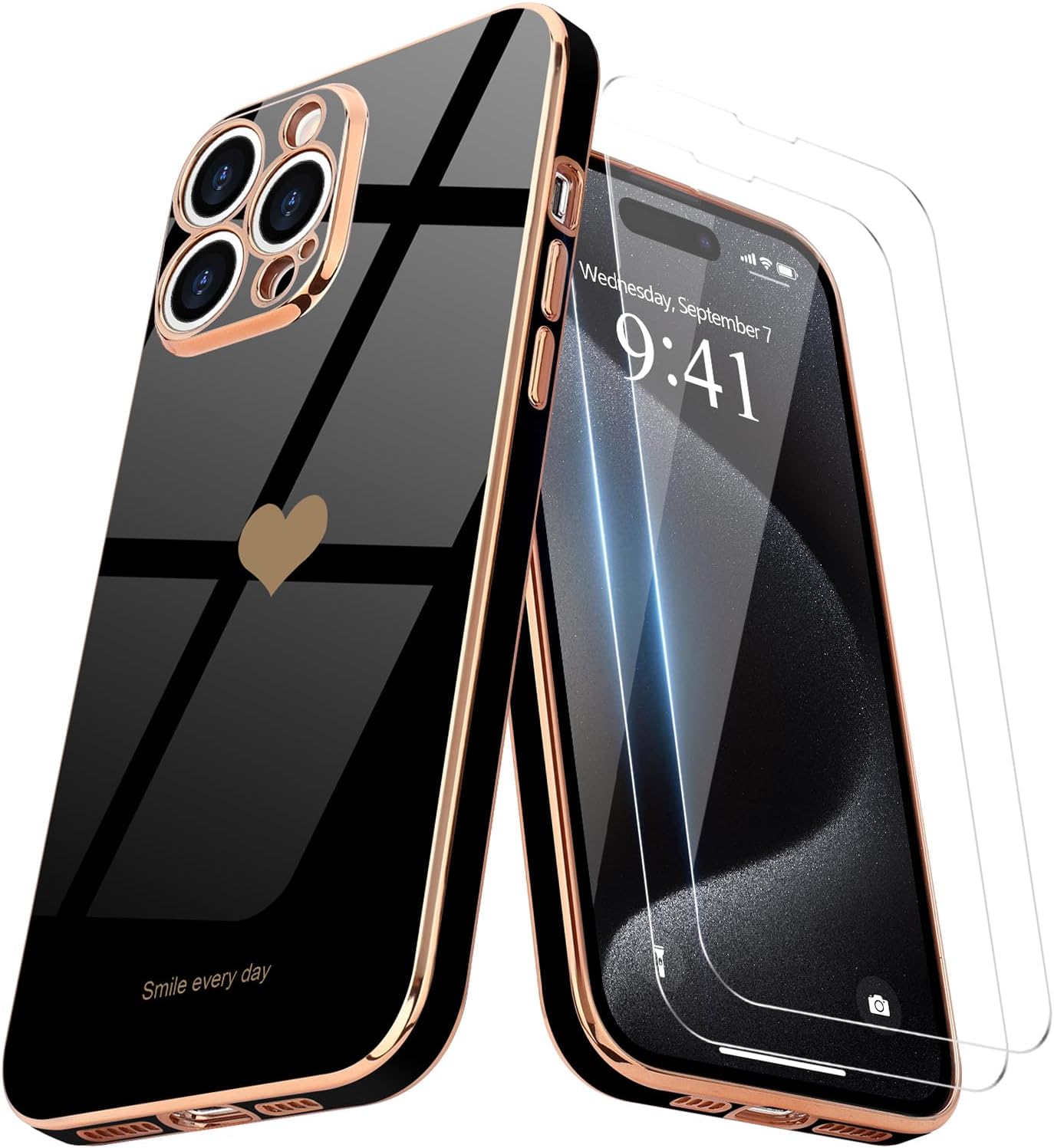 Teageo Funda para iPhone 15 Pro Max con protector de pantalla 2 unidades para niñas y mujeres, diseño de corazón de amor femenino de lujo, funda