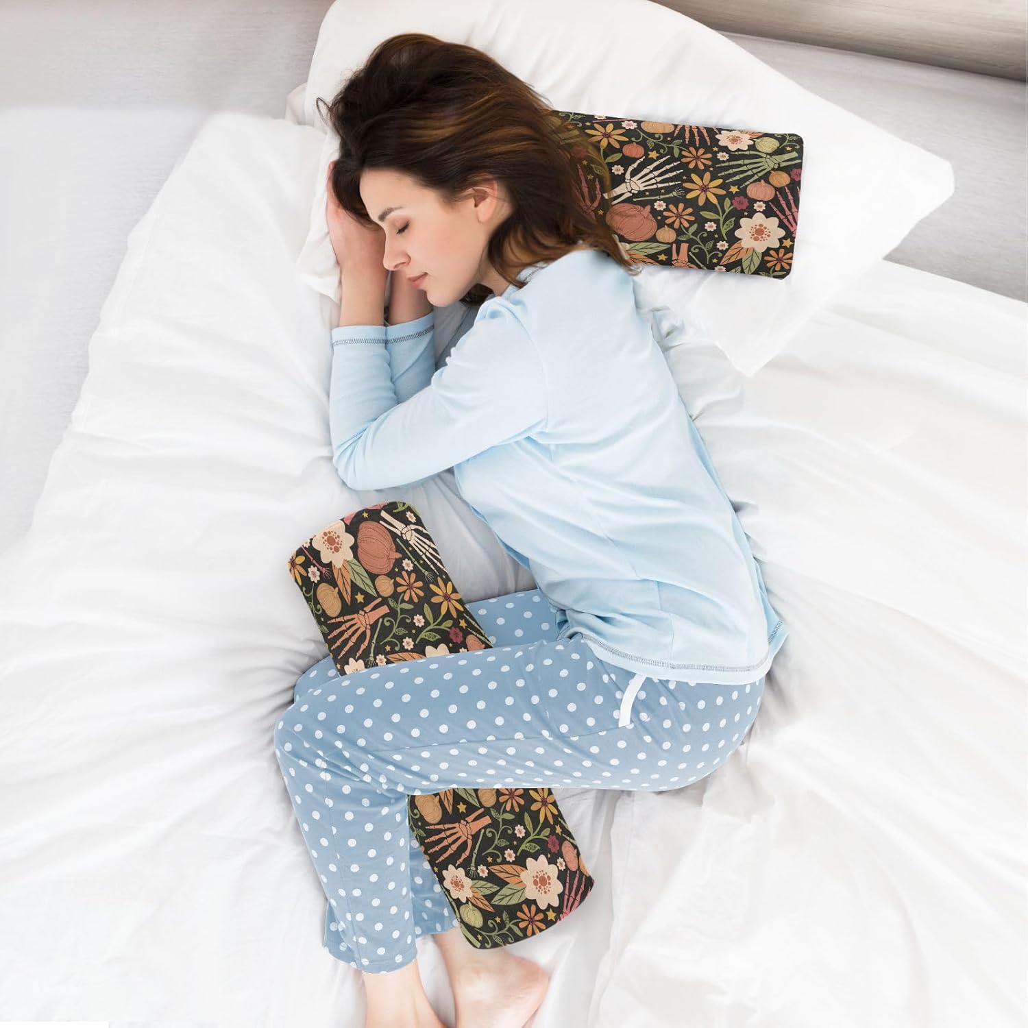 Almohada de almohada floral de huesos de Halloween para piernas, almohada de espuma para el cuello, almohada redonda, almohadas cilíndricas, soporte