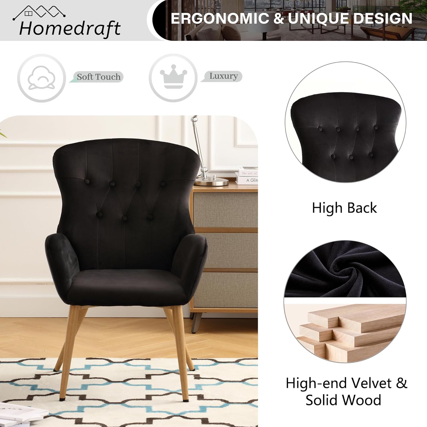 Silla decorativa de terciopelo, silla de lectura copetuda con botones con respaldo de ala alta grande, cómoda silla de tocador tapizada con patas de