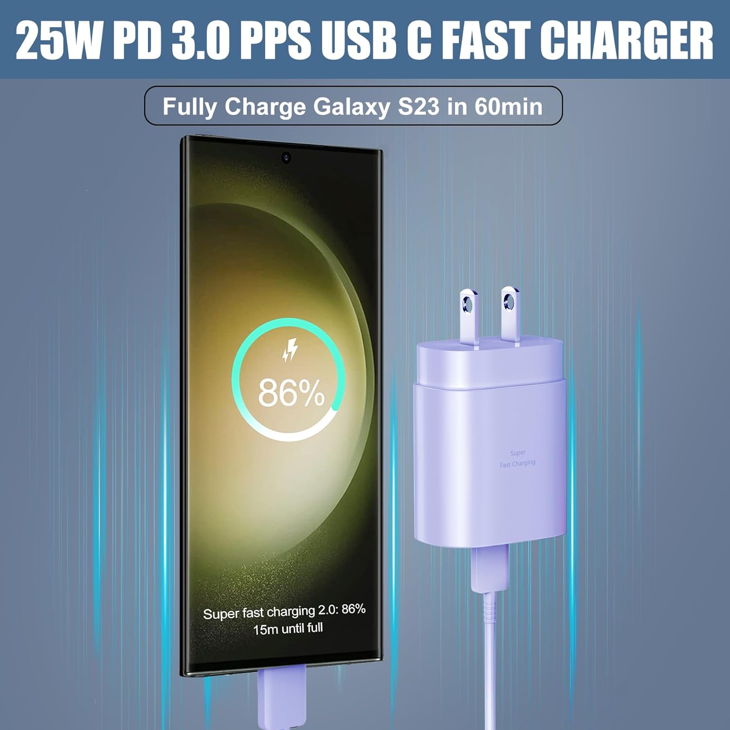 Cargador súper rápido tipo C, cargador de pared USB C de 25 W, bloque de carga rápida y cable de 8 pies para Samsung Galaxy S24 UltraS24S24+S23