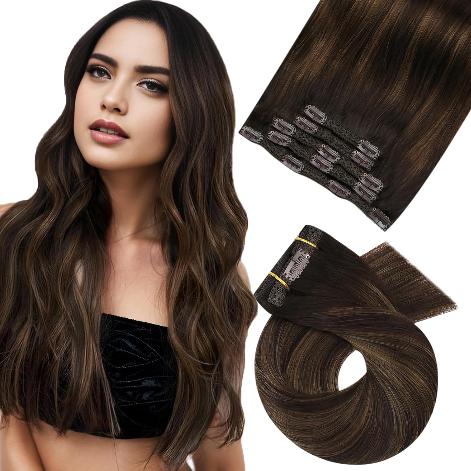 Moresoo Extensiones de cabello humano con clip, color marrón degradado, doble trama, extensiones de cabello humano real, balayage, color marrón