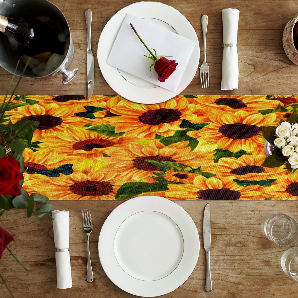 Table Runner Sunflower Butterfly, Rustic Linen Table Cloth for Farmhouse Kitchen, Dinner, Events, Party, Holiday Table Decor 13 x 120 Inches